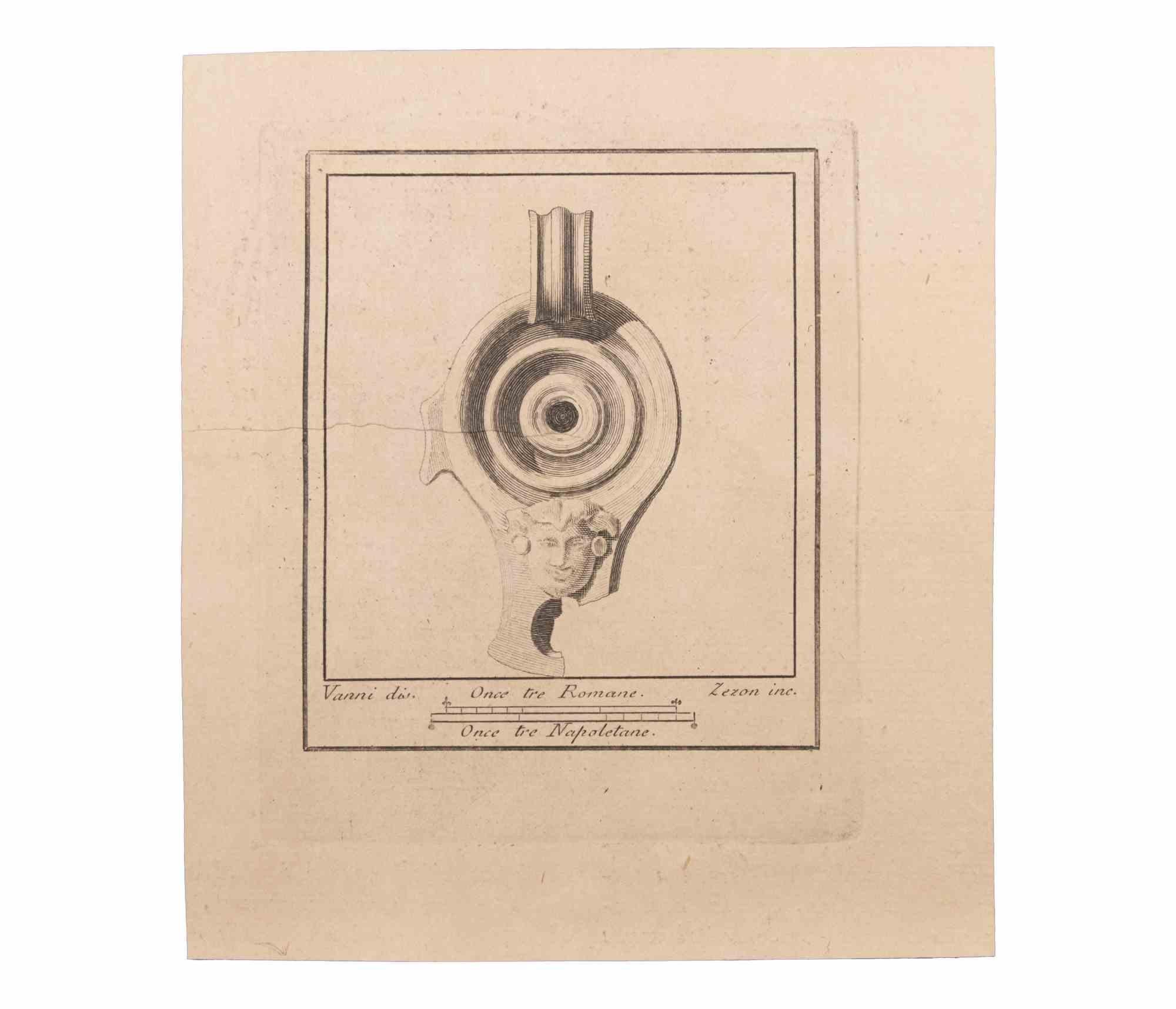 Oil Lamp With Decoration is an Etching realized by  Niccolò Vanni (1750-1770).

The etching belongs to the print suite “Antiquities of Herculaneum Exposed” (original title: “Le Antichità di Ercolano Esposte”), an eight-volume volume of engravings of
