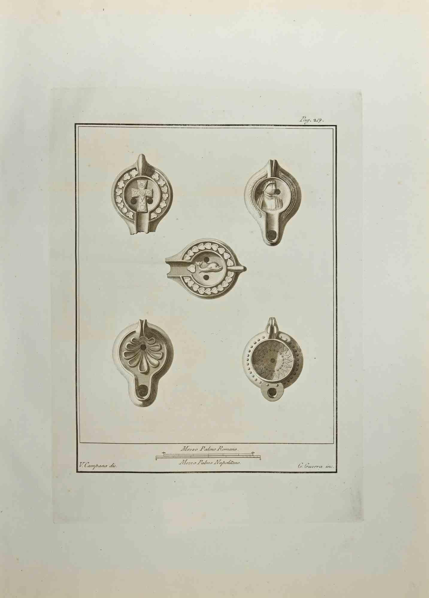 Das Stillleben aus den "Altertümern von Herculaneum" ist eine Radierung auf Papier von Giovanni Guerra aus dem 18. Jahrhundert.

Signiert auf der Platte.

Guter Zustand und gealtert mit einigen Faltungen.

Die Radierung gehört zu der Druckserie