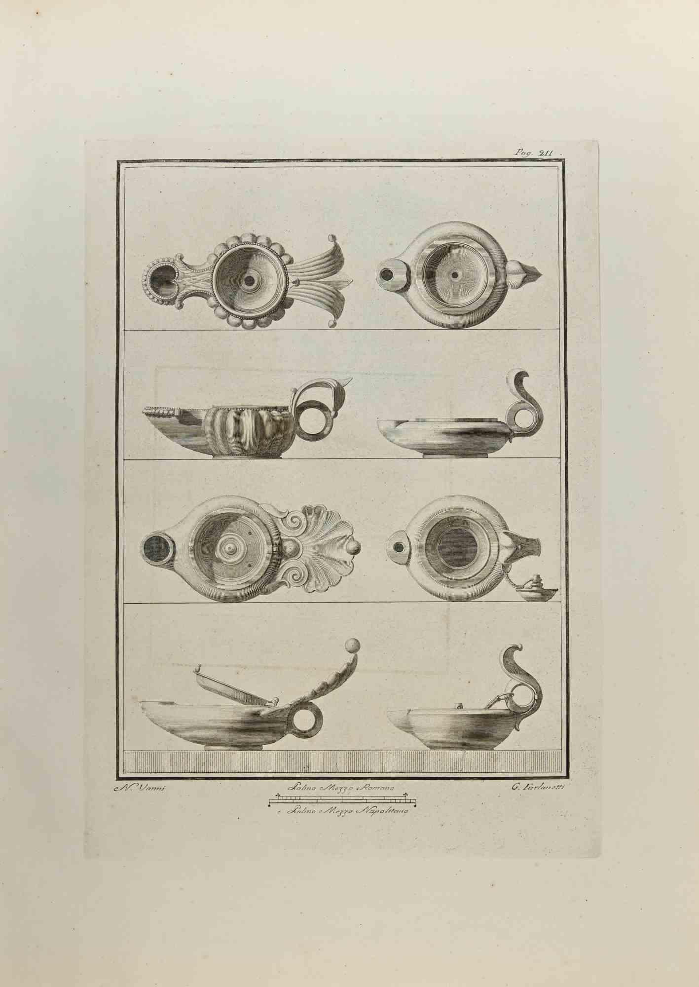 Nature morte des "Antiquités d'Herculanum" est une gravure sur papier réalisée par G. Furlanetti et Nicola Vanni au 18ème siècle.

Signé sur la plaque.

Bon état avec quelques pliures.

La gravure appartient à la suite d'estampes "Antiquités