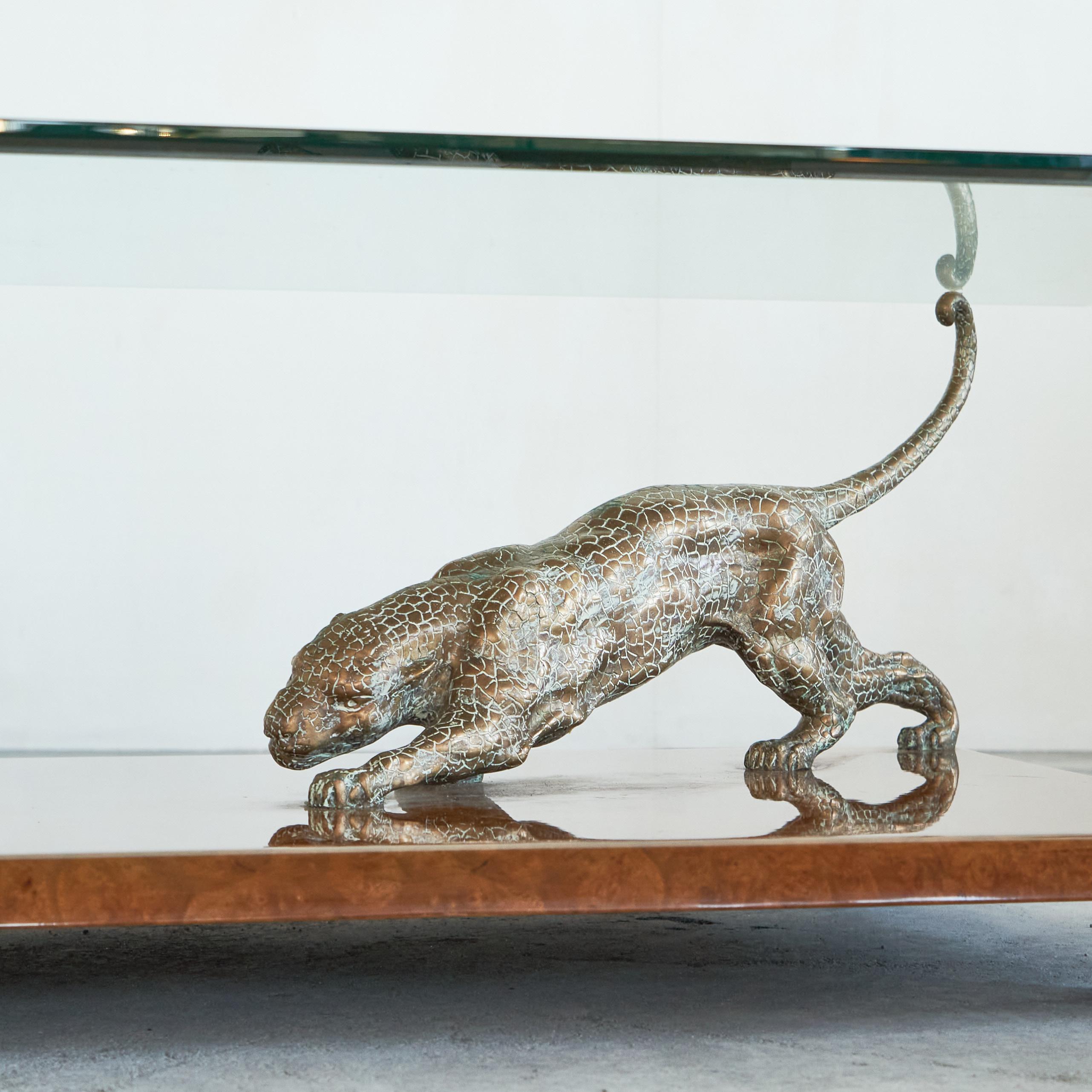 Nicola Voci 'Jaguar' Coffee Table in Bronze, Burl Wood and Beveled Glass 1970s For Sale 4