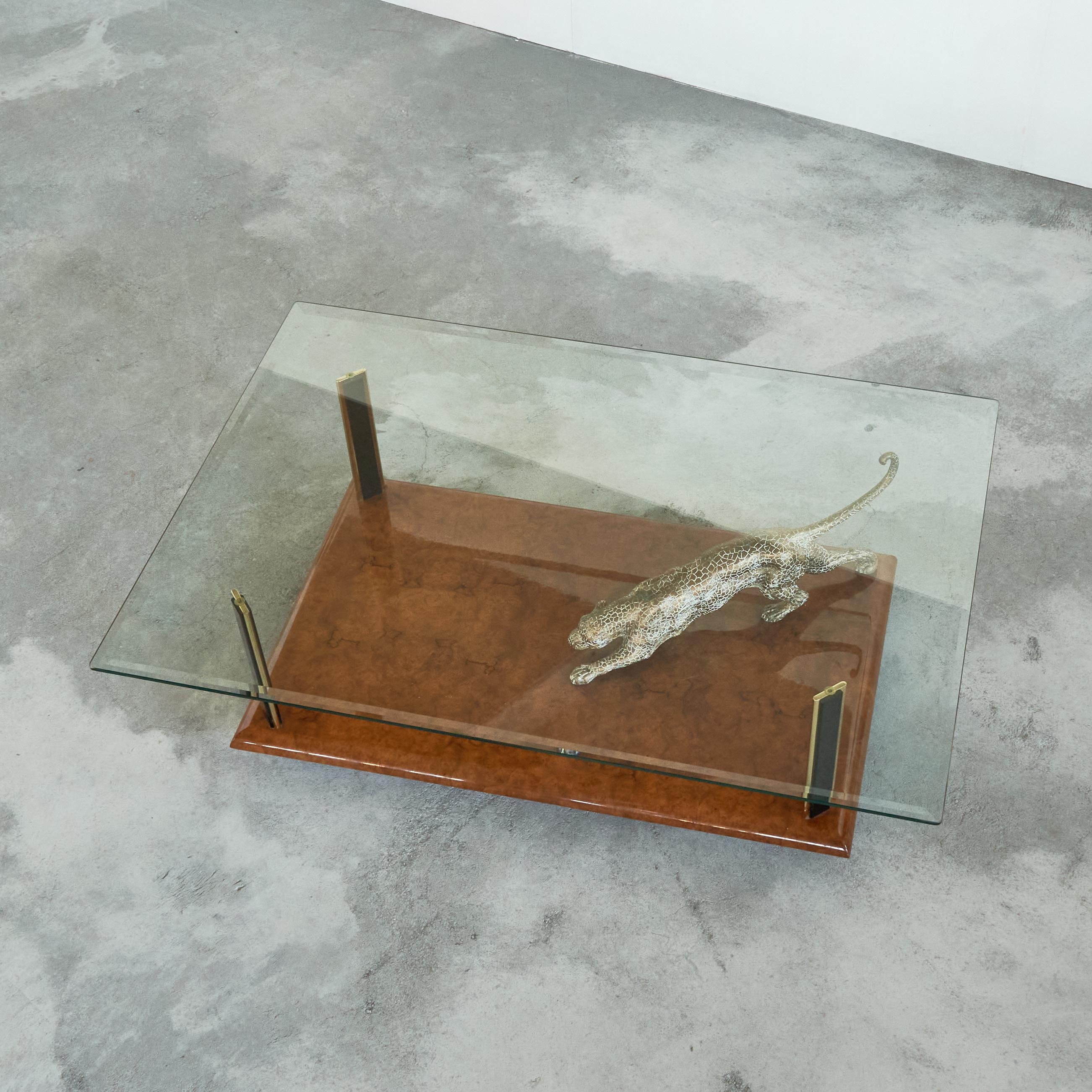 Mid-Century Modern Nicola Voci 'Jaguar' Coffee Table in Bronze, Burl Wood and Beveled Glass 1970s For Sale