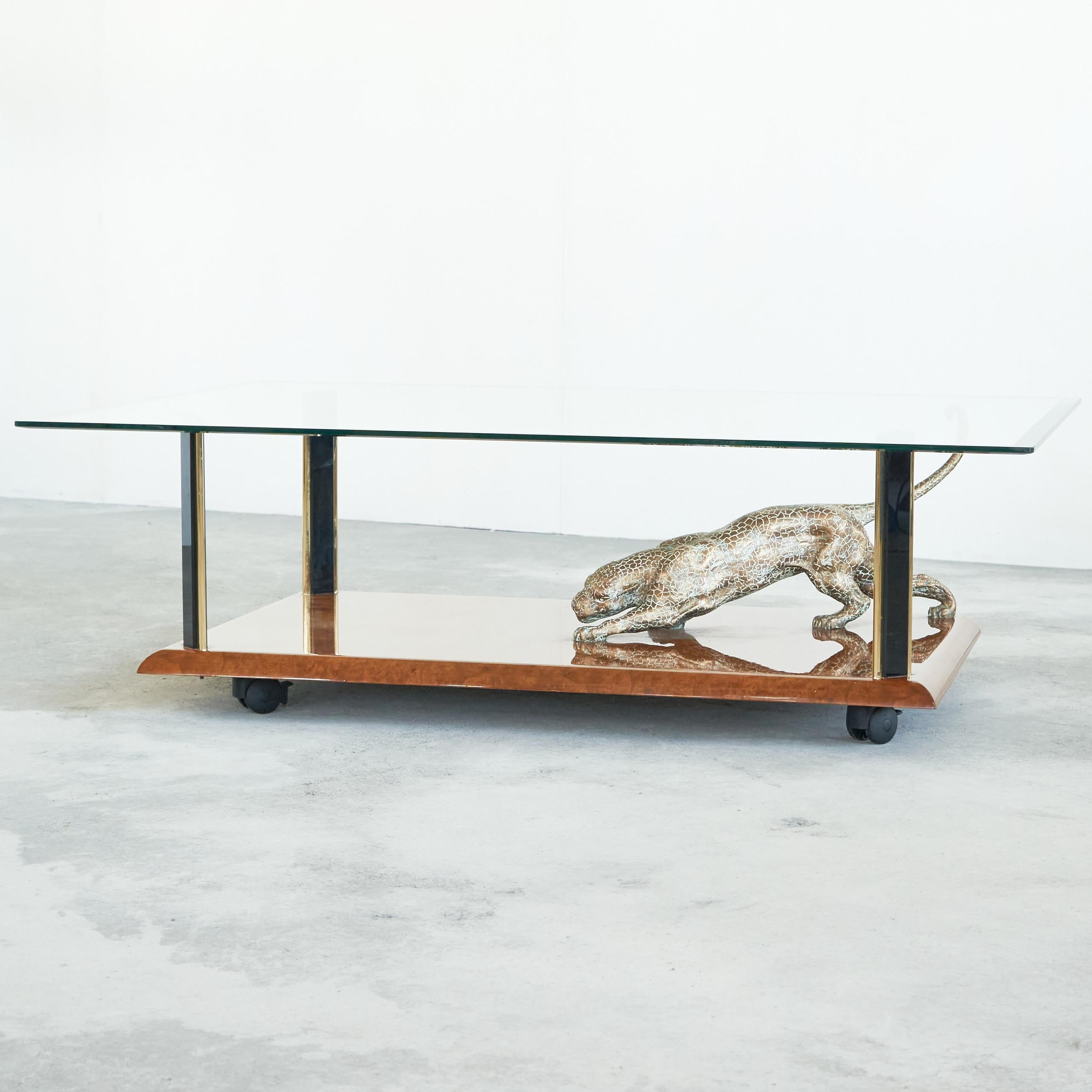 Brass Nicola Voci 'Jaguar' Coffee Table in Bronze, Burl Wood and Beveled Glass 1970s For Sale