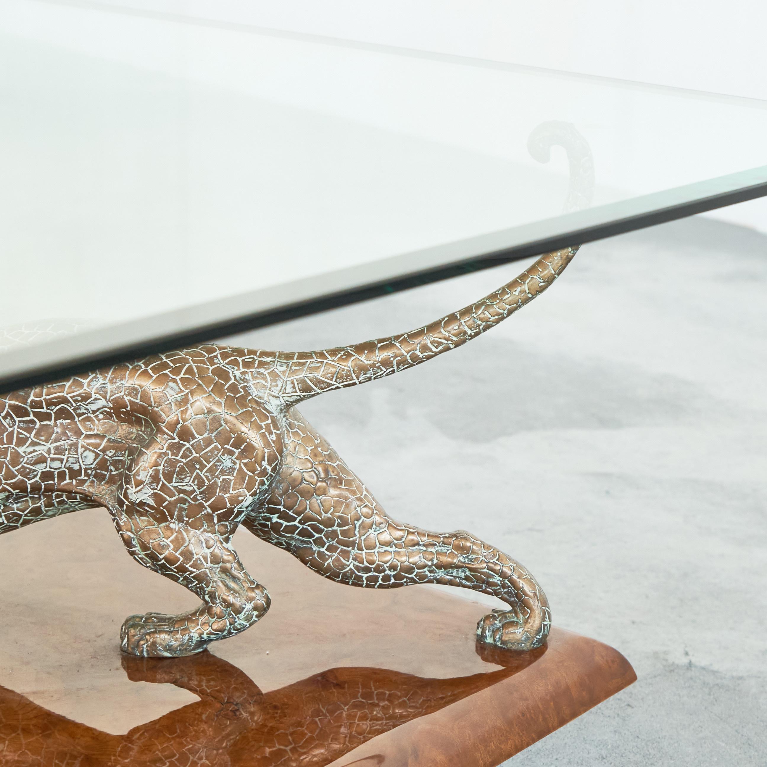 Nicola Voci 'Jaguar' Coffee Table in Bronze, Burl Wood and Beveled Glass 1970s For Sale 1