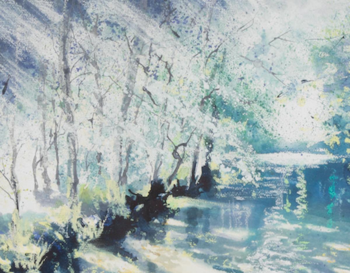 Lampe de rivière ancienne, peinture originale, art de paysage, peinture de rivière doublée d'arbres - Gris Figurative Painting par Nicola Wiehahn
