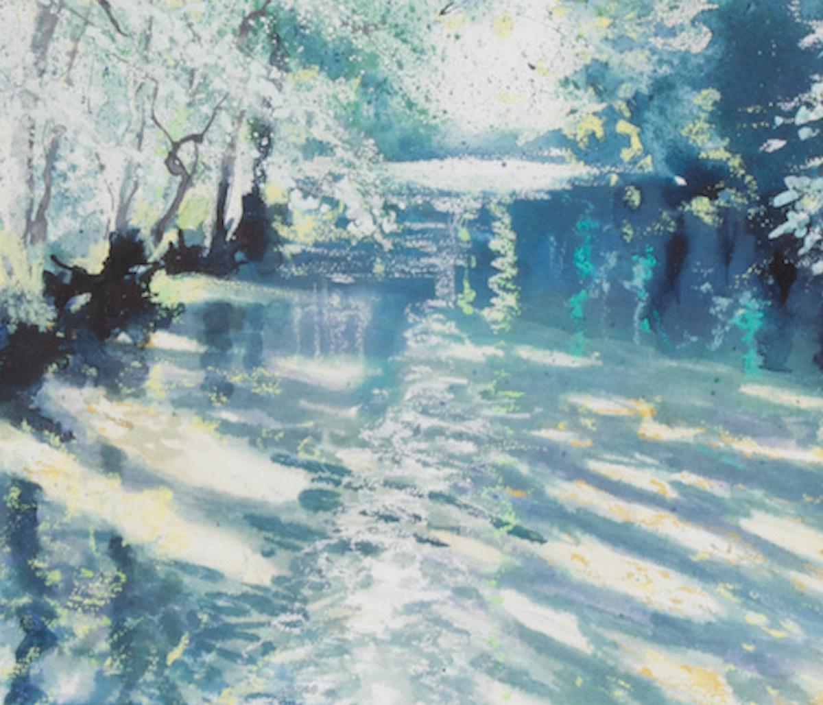 La rivière près de chez moi est souvent spectaculaire au petit matin, j'adore peindre les reflets et l'eau.

Lumière du début de la rivière [2021] par Nicola Wiehahn
Original et signé à la main par l'artiste 
Technique mixte sur papier aquarelle