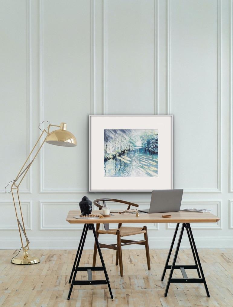 Luce del fiume, Pittura originale, Arte del paesaggio, Pittura di fiume con alberi in vendita 1