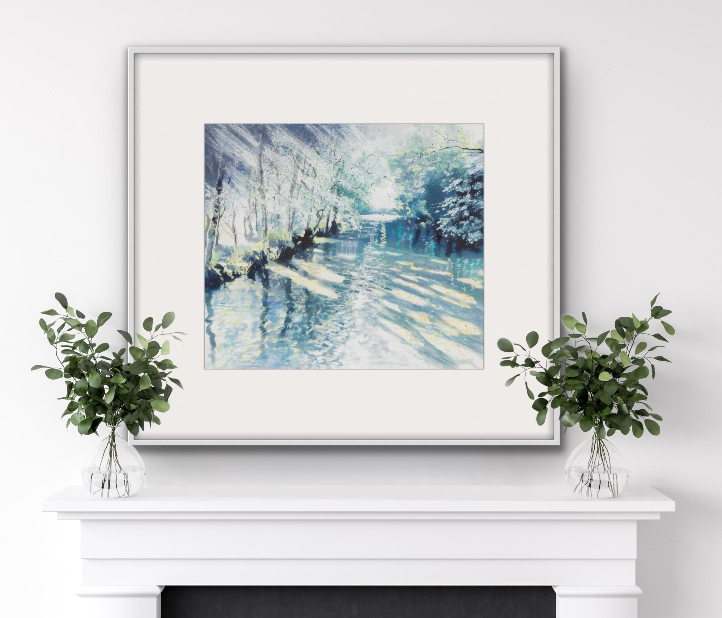 Lampe de rivière ancienne, peinture originale, art de paysage, peinture de rivière doublée d'arbres en vente 2