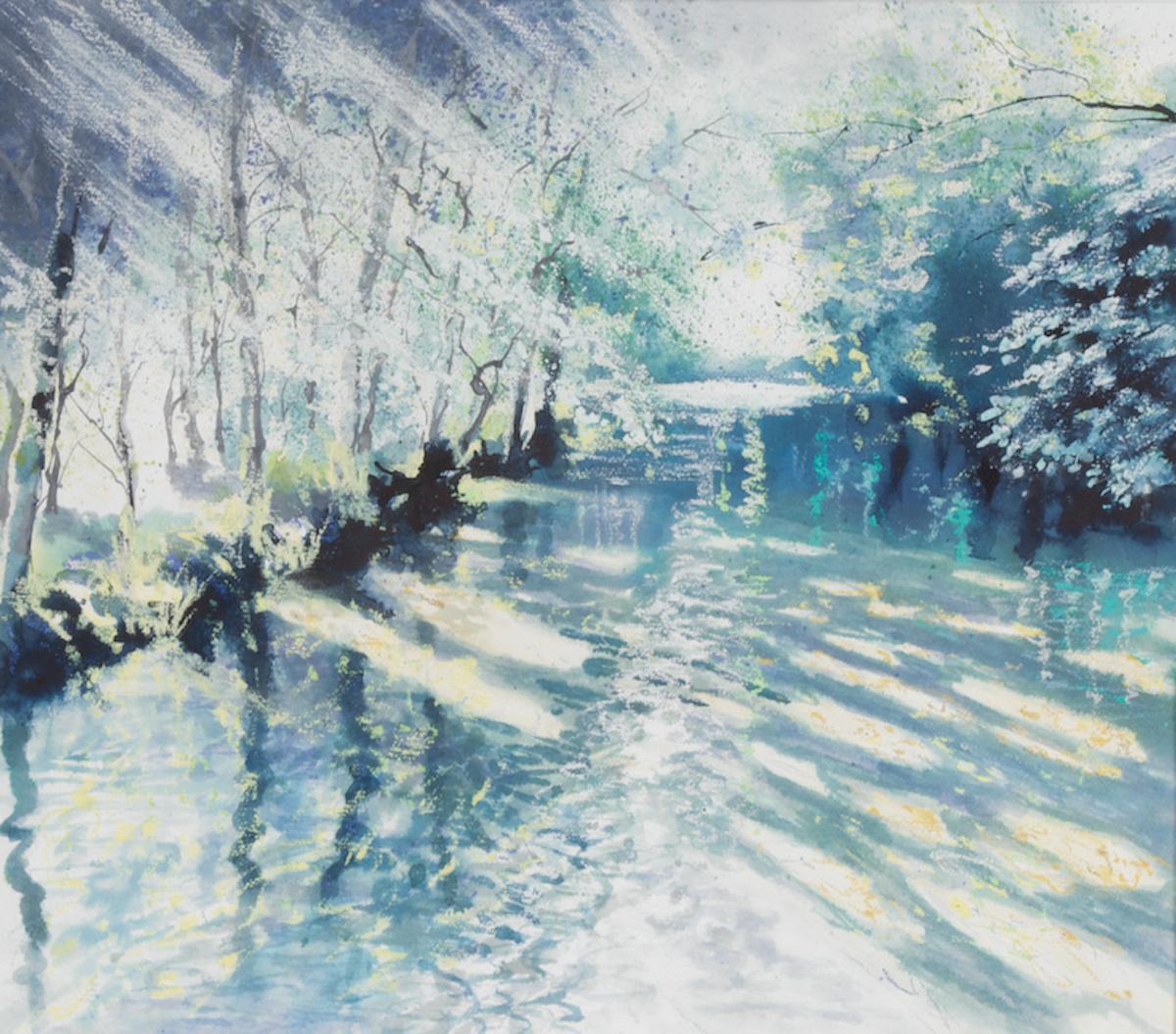 Figurative Painting Nicola Wiehahn - Lampe de rivière ancienne, peinture originale, art de paysage, peinture de rivière doublée d'arbres