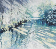 Early River Light, Original Painting, Landscape Art, Tree Lined River Painting