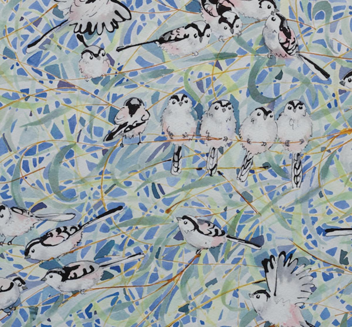 Long Tailed Tits in the Willow Mixed Media Painting by Nicola Wiehahn [2022] For Sale 5