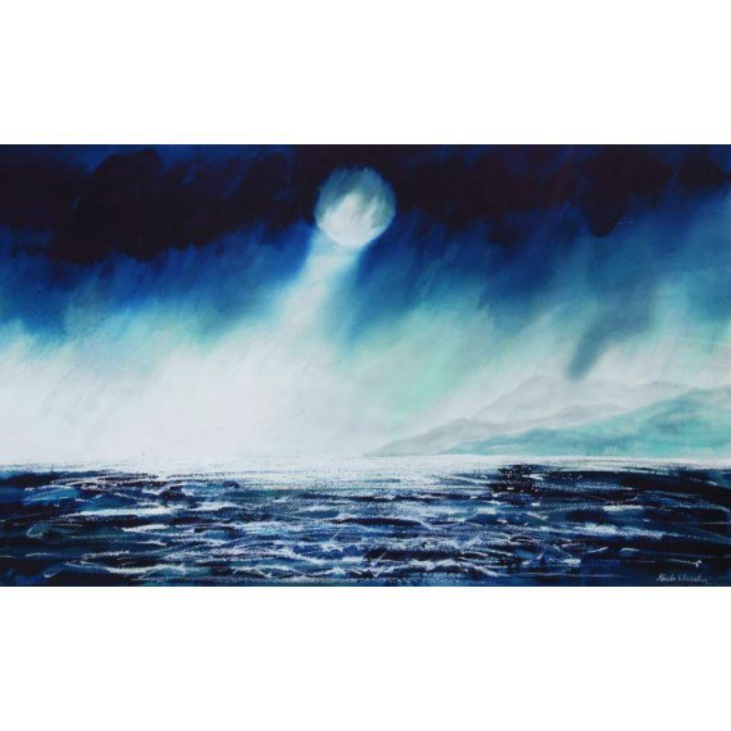 Storm moon by Nicola Wiehahn [2021]

Looking out from the coast path high up on the south coast of Cornwall, evening and the moon is out, the sea lit up.

Additional information:
Original
Mixed media on water colour paper
Image size: H:70 cm x W:114