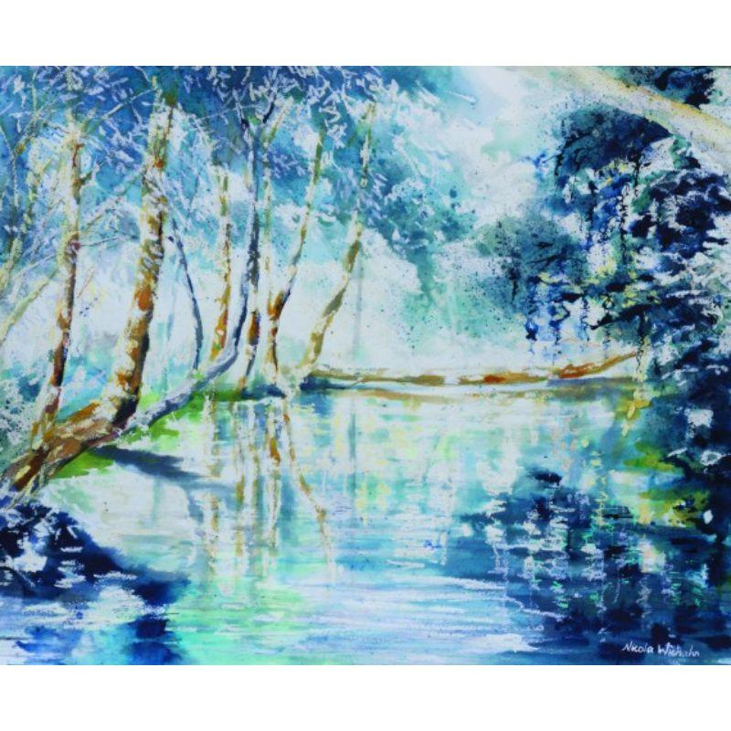 The secret pool by Nicola Wiehahn [2020]

There is a secret pool far down on the river where I live, I often slip down there early in the morning for a dip, watching the kingfisher fly above my head.

Additional information:
Original
Mixed media on