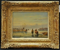 Figures on a Frozen Lake - 19th Century Oil on Panel, Antique Dutch Painting
