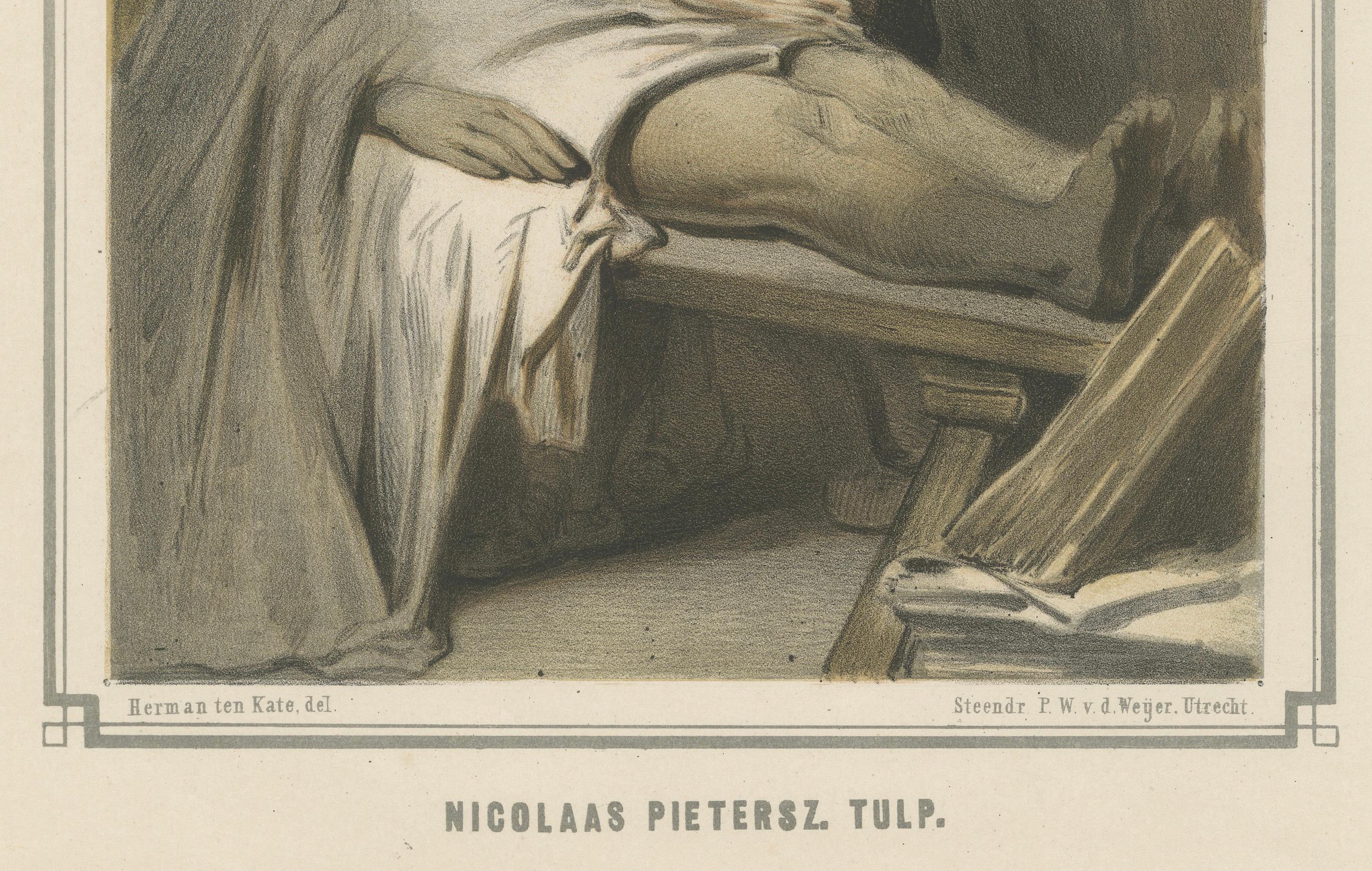 Nicolaas Tulp bei einer Sezierung - Handkolorierte Lithographie aus dem 19.

Diese handkolorierte Lithografie aus dem 19. Jahrhundert porträtiert Nicolaas Pietersz. Tulp, ein bekannter niederländischer Arzt, Richter und Gelehrter des siebzehnten