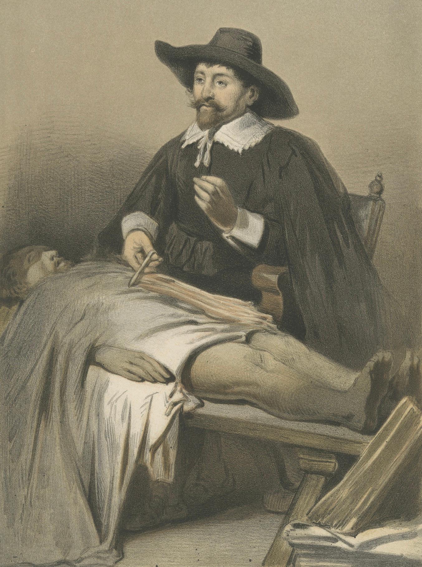 Nicolaas Tulp bei einer Sezierung - Handkolorierte Lithographie aus dem 19. (Papier) im Angebot