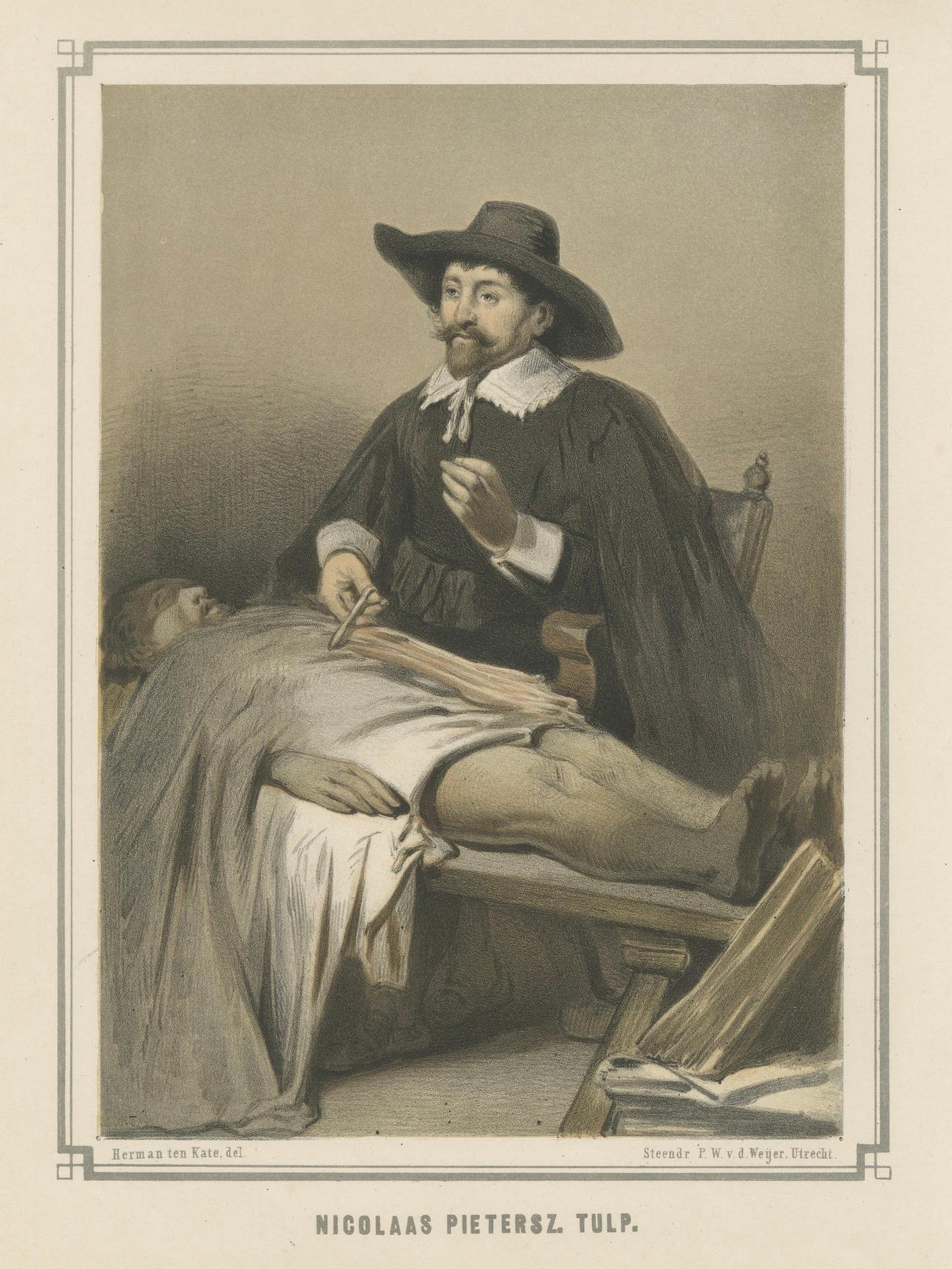 Nicolaas Tulp bei einer Sezierung - Handkolorierte Lithographie aus dem 19. im Angebot 1