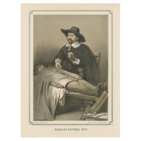 Nicolaas Tulp Performing a Dissection – 19th-Century Hand-Colored Lithograph
