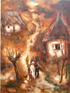 Romanian Folk Art Oil Painting Traditional Wedding Naive Primitive Transylvania