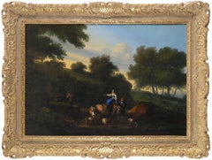 An Italianate landscape with a couple and their flock on a road