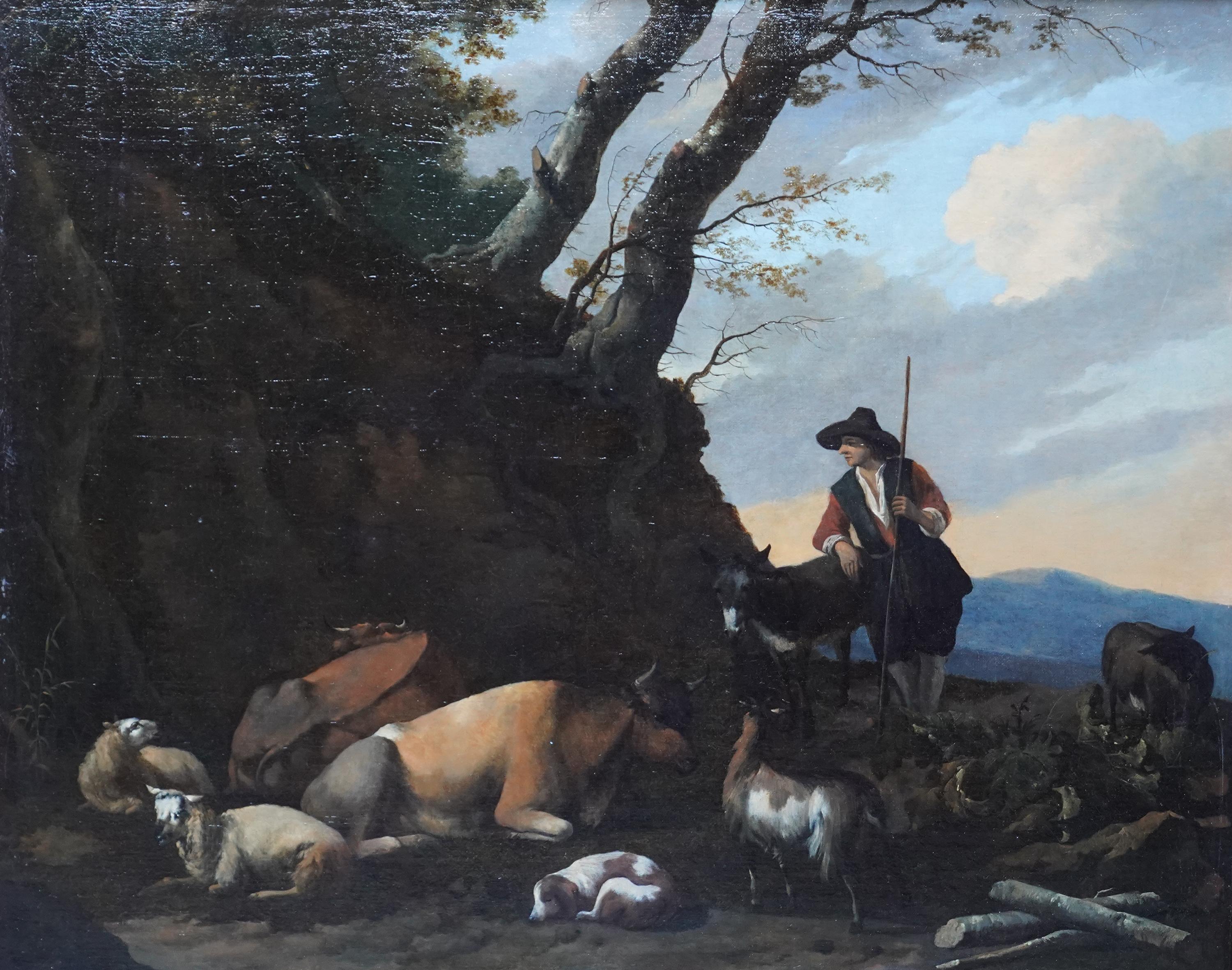 Shepherd with Animals in Landscape - Dutch Old Master art pastoral oil painting  - Painting by Nicolaes Berchem