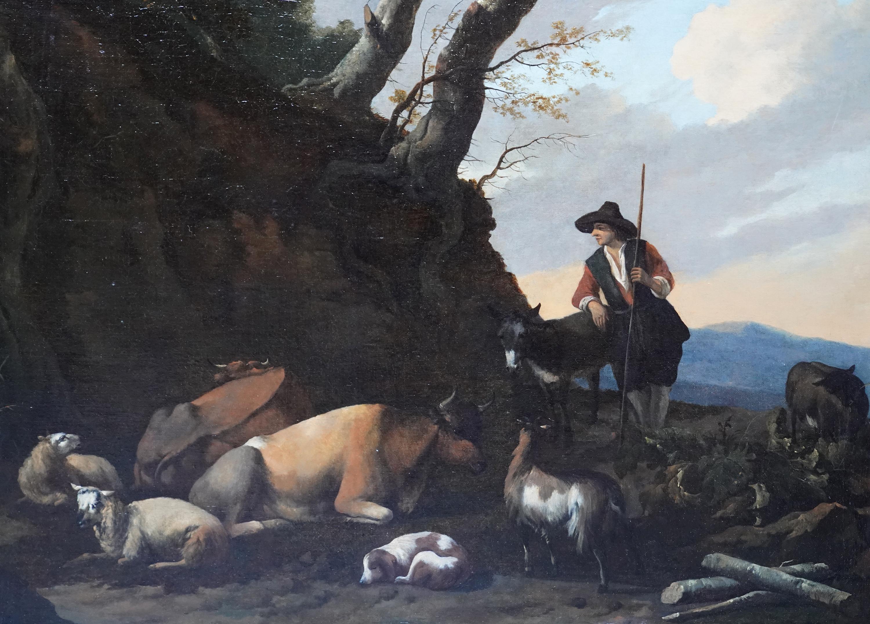 Hirte mit Tieren in Landschaft – niederländisches pastorales Ölgemälde eines alten Meisters  (Alte Meister), Painting, von Nicolaes Berchem