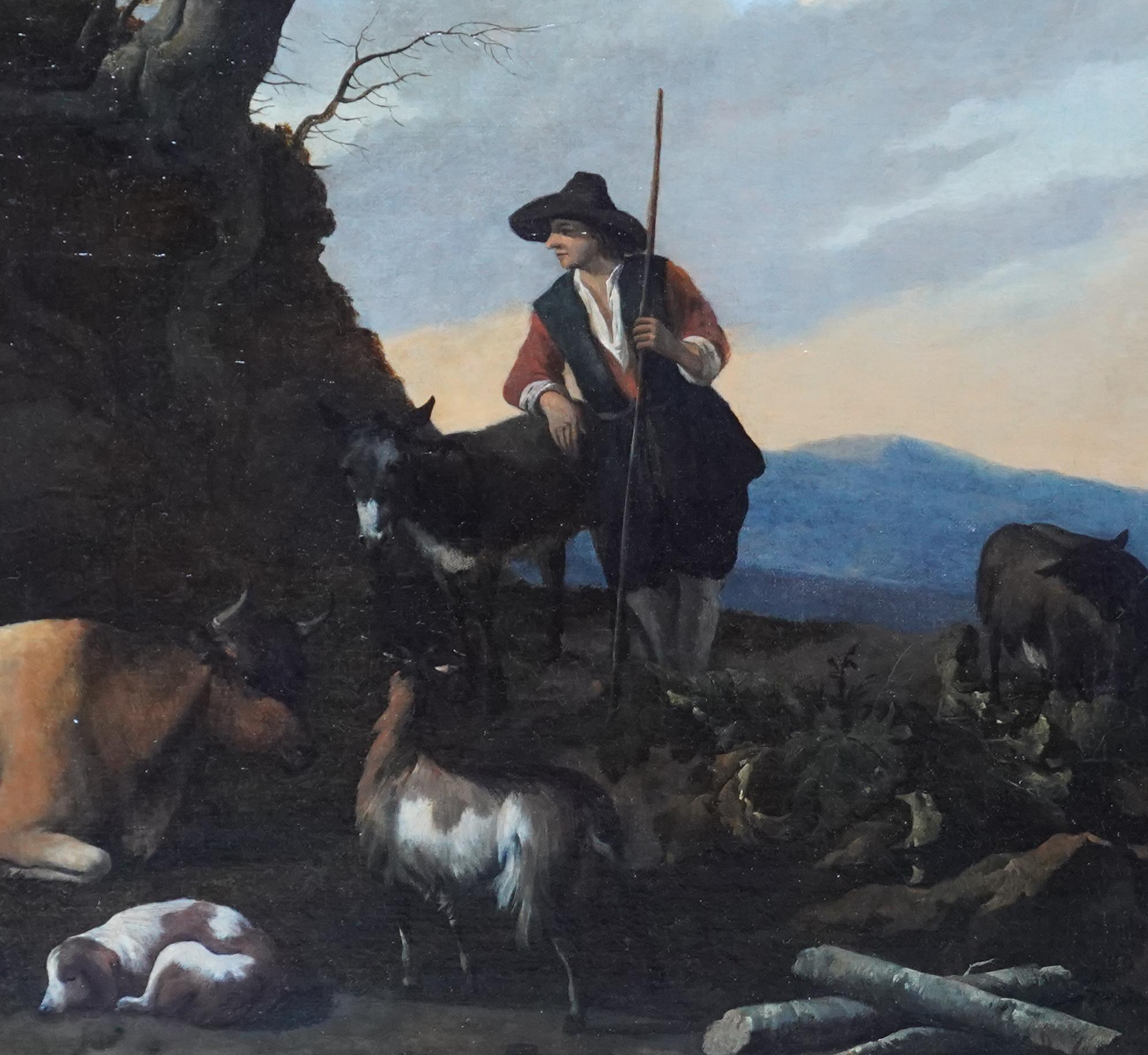 Dieses schöne niederländische Altmeister-Ölgemälde wird dem bekannten niederländischen Künstler Nicholaes Berchem zugeschrieben. Es wurde um 1665 gemalt und zeigt eine bezaubernde pastorale Szene mit einem Hirten und seinen Tieren, darunter Schafe,