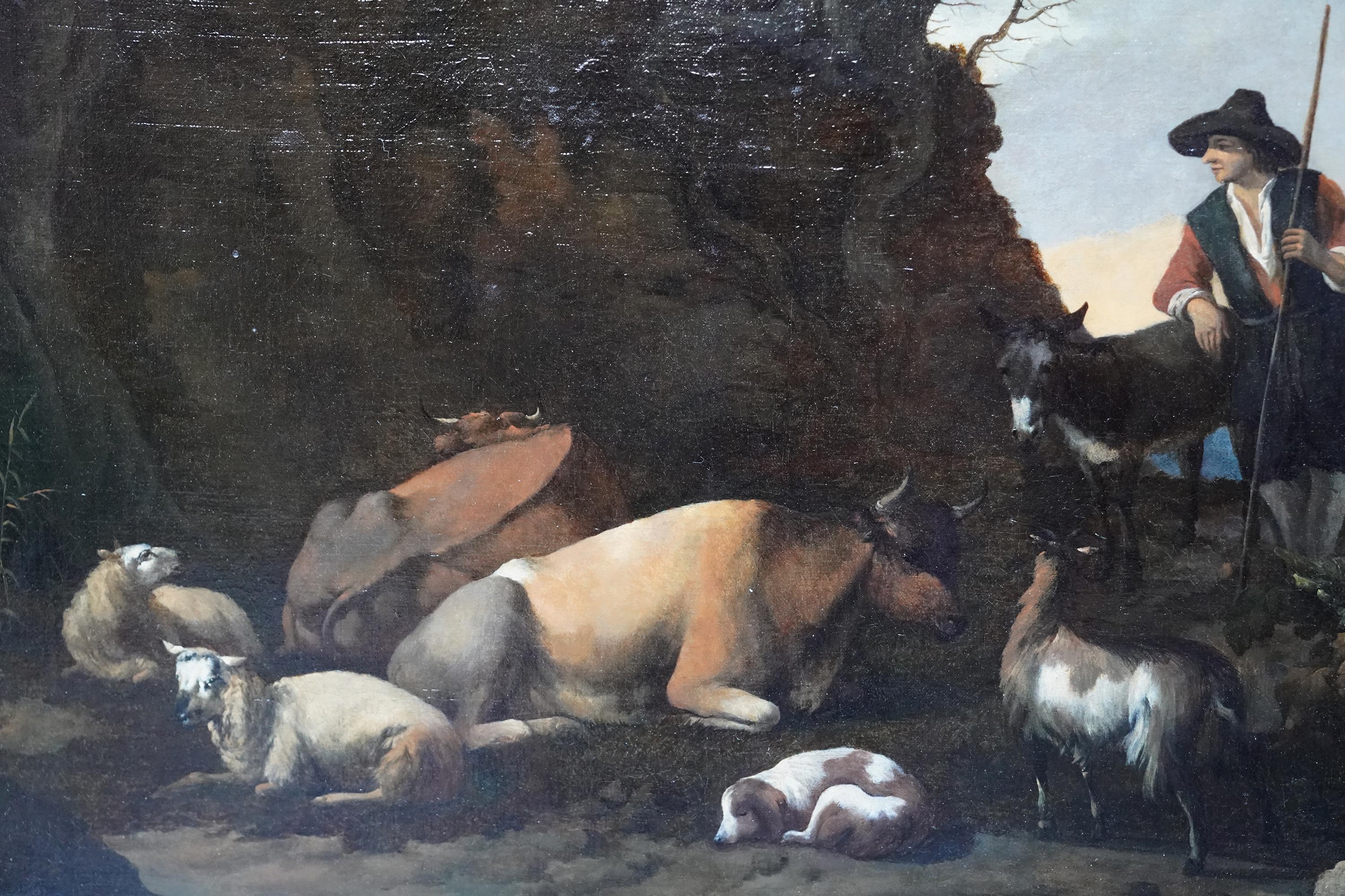 Shepherd with Animals in Landscape - Dutch Old Master art pastoral oil painting  For Sale 1