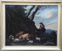 Antique Shepherd with Animals in Landscape - Dutch Old Master art pastoral oil painting 