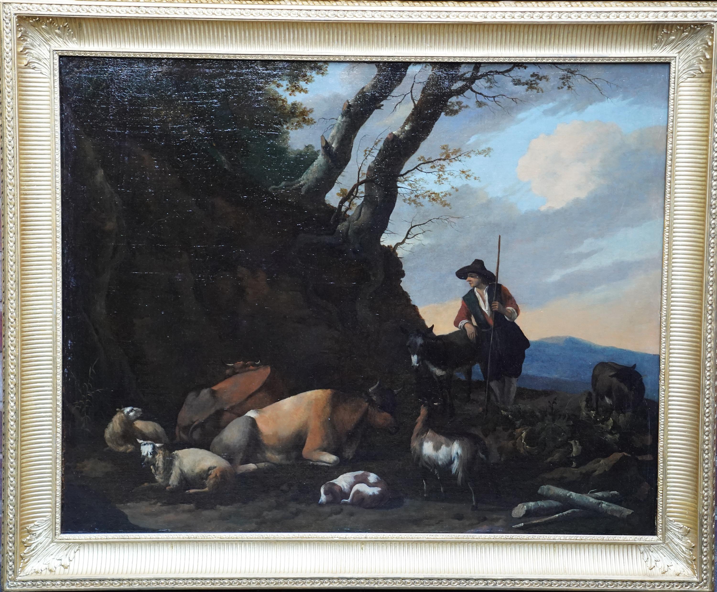 Nicolaes Berchem Animal Painting – Hirte mit Tieren in Landschaft – niederländisches pastorales Ölgemälde eines alten Meisters 