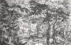 Paisaje con pareja sobre puente de madera