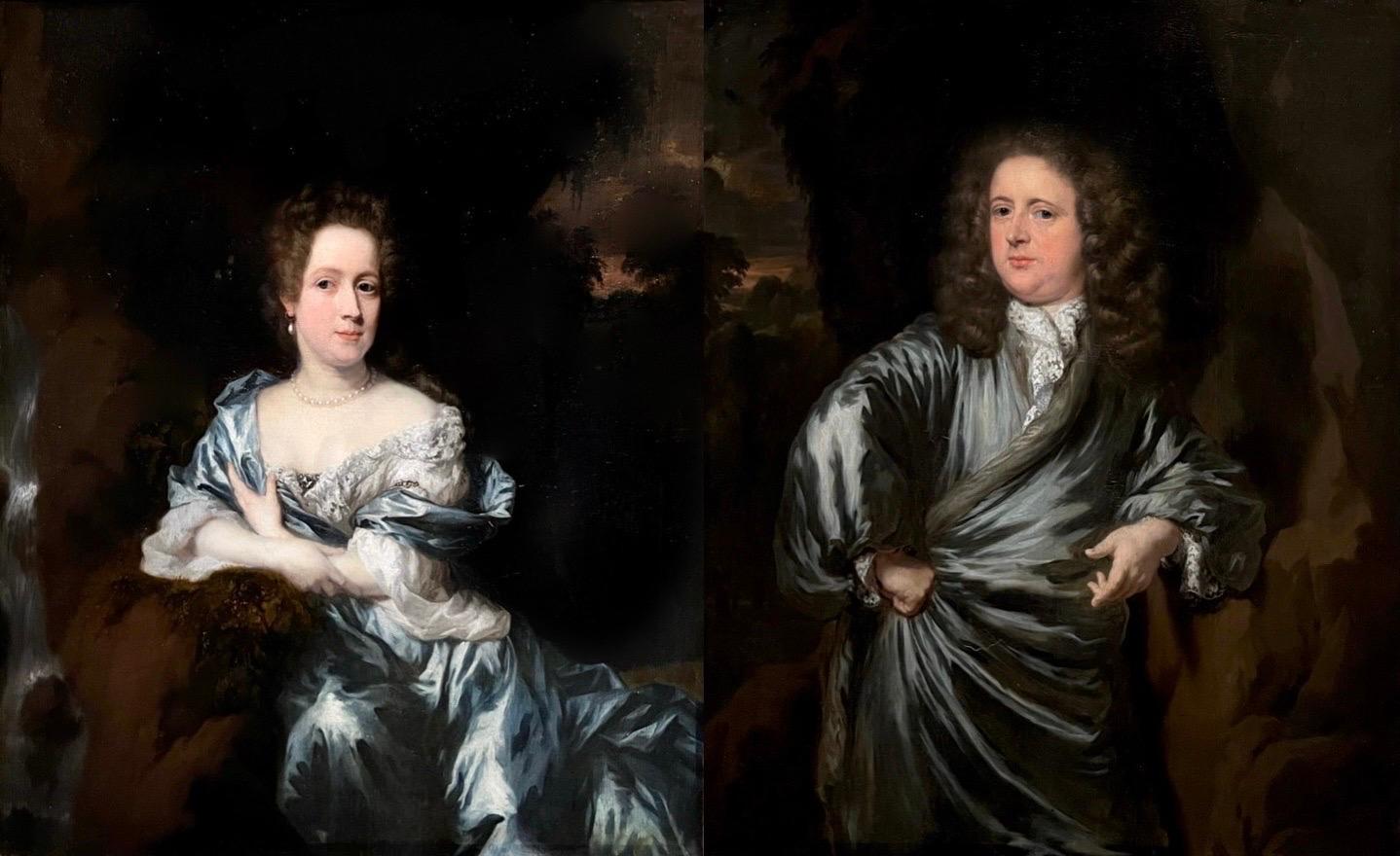 Coppia molto bella e rara di ritratti di marito e moglie in stile antico olandese del XVII secolo attribuiti a Nicolaes Maes

Questi ritratti a tre quarti ritraggono una bellezza bruna, seduta in un elegante e misterioso paesaggio di un parco con