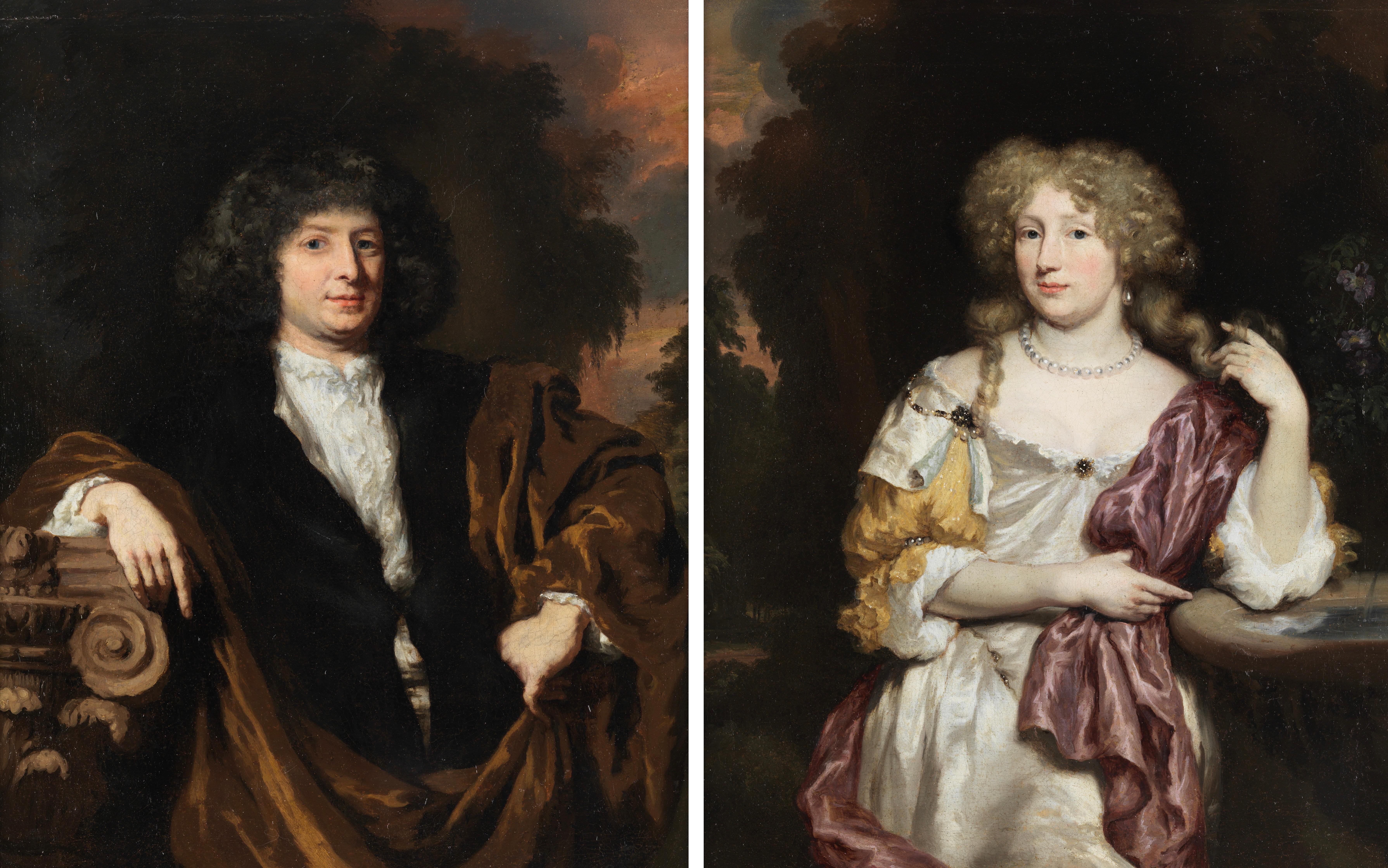 A pair of Dutch 17th century old master portraits of a husband and wife - Painting by Nicolaes Maes