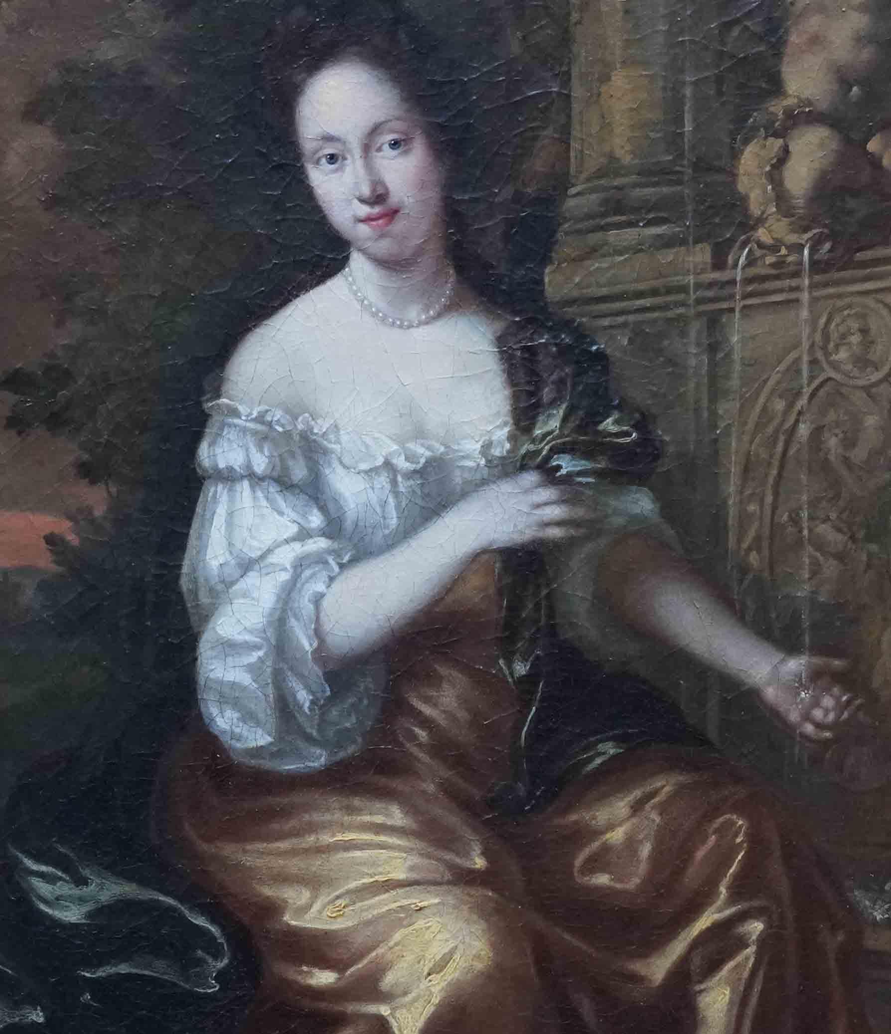 Portrait of a Lady by Fountain in Landscape - Dutch Old Master art oil painting - Old Masters Painting by Nicolaes Maes