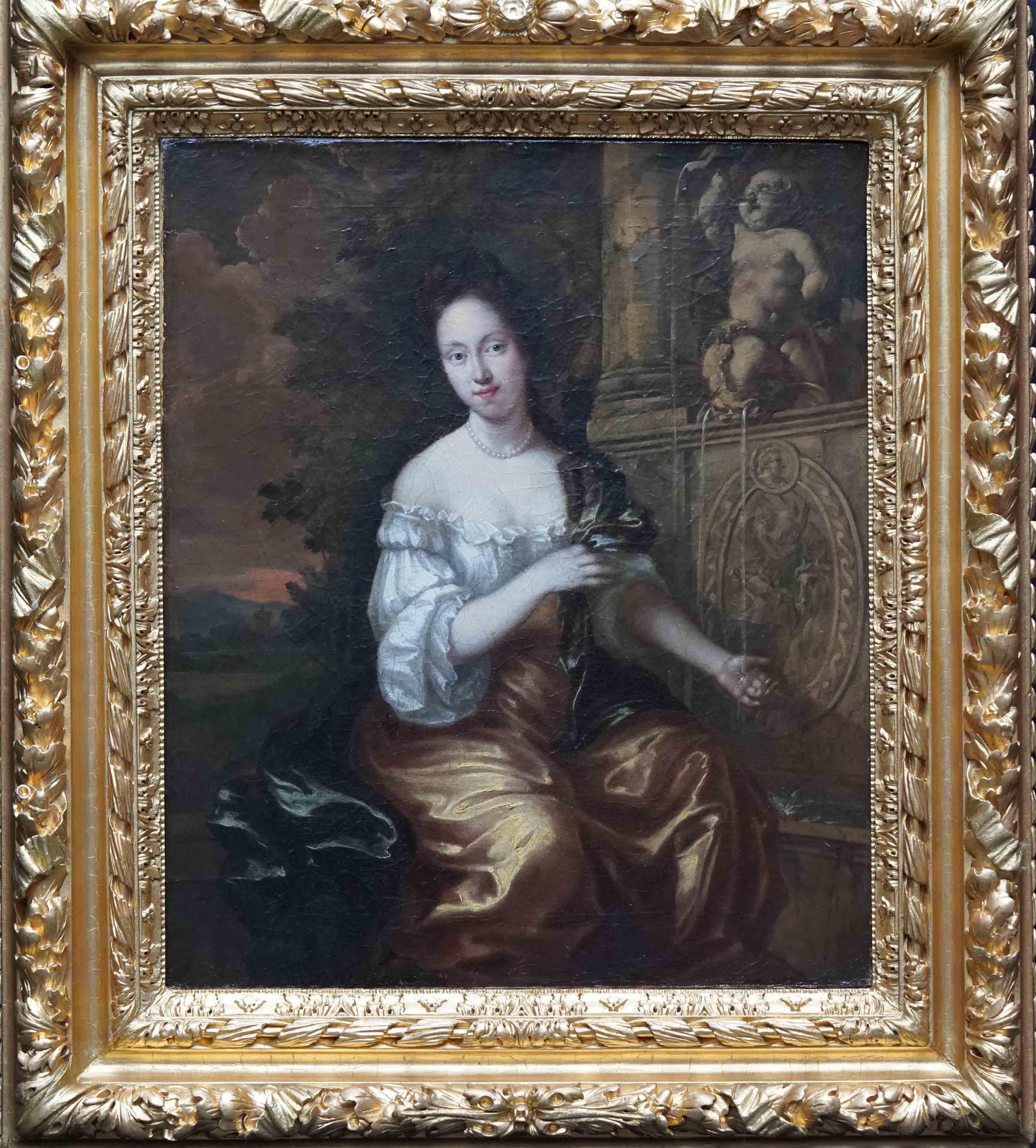 Nicolaes Maes Portrait Painting - Portrait of a Lady by Fountain in Landscape - Dutch Old Master art oil painting