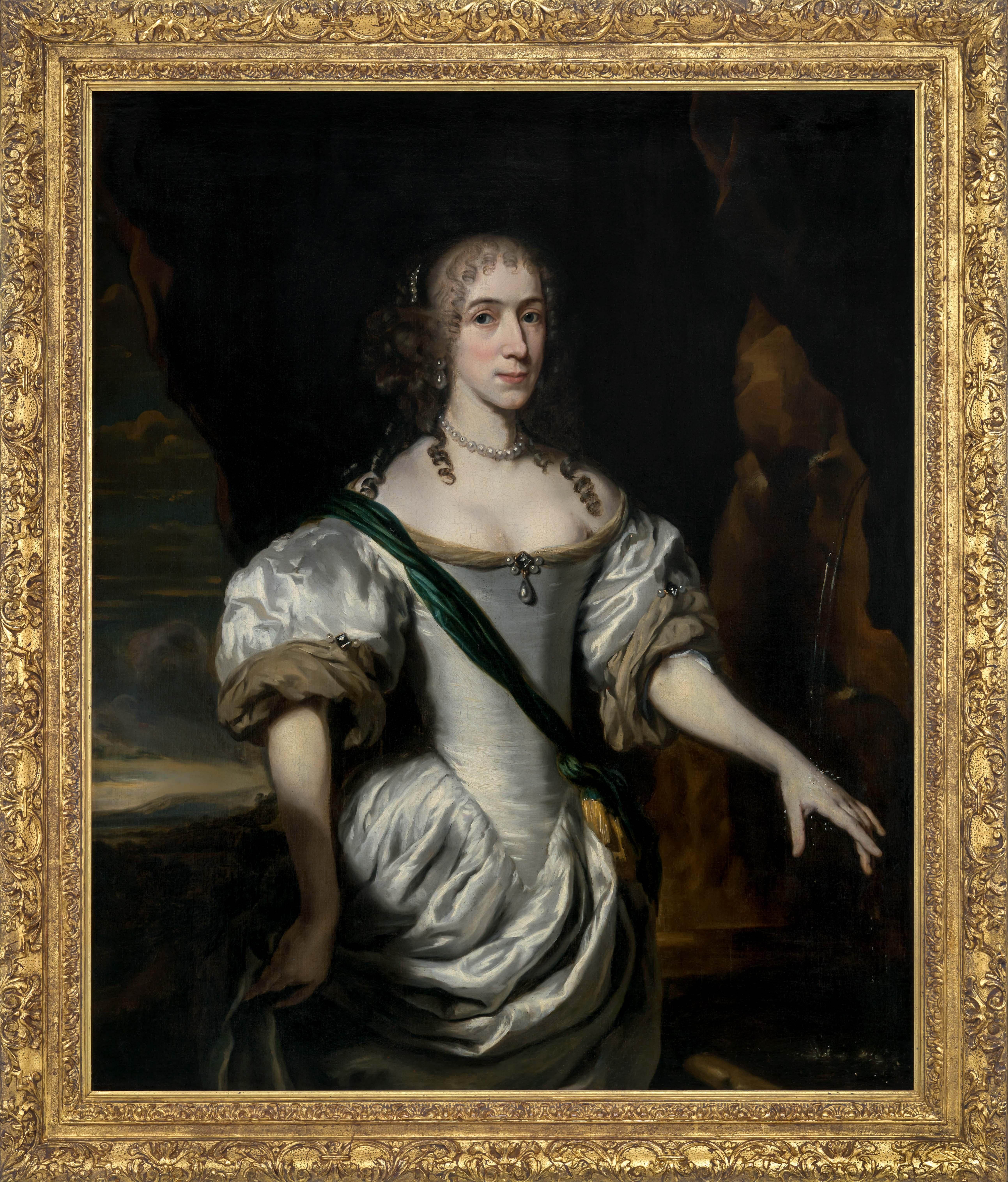 Portrait of an Elegant Lady in a White Satin Dress, signed and dated 1669 Maes