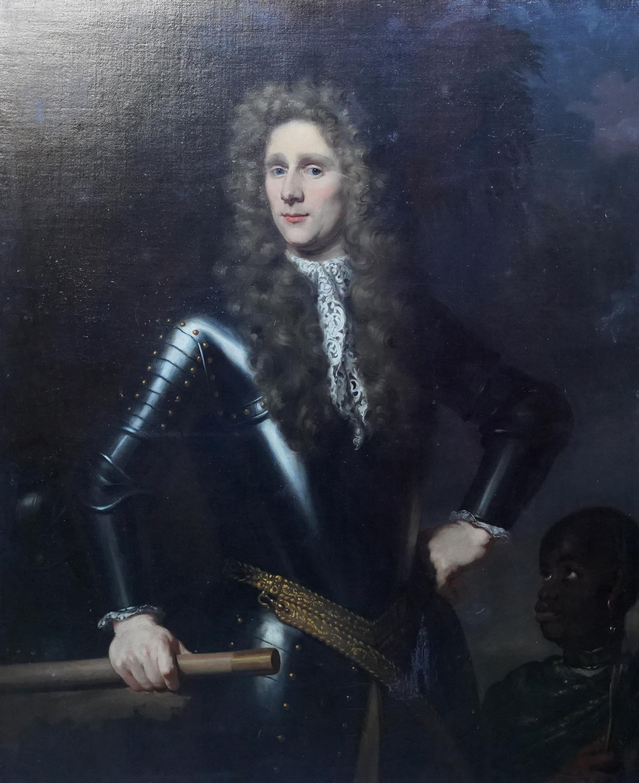 Portrait of Colonel Rupert Bridge in Armour with a Black Pageboy - Dutch 17thC - Painting by Nicolaes Maes