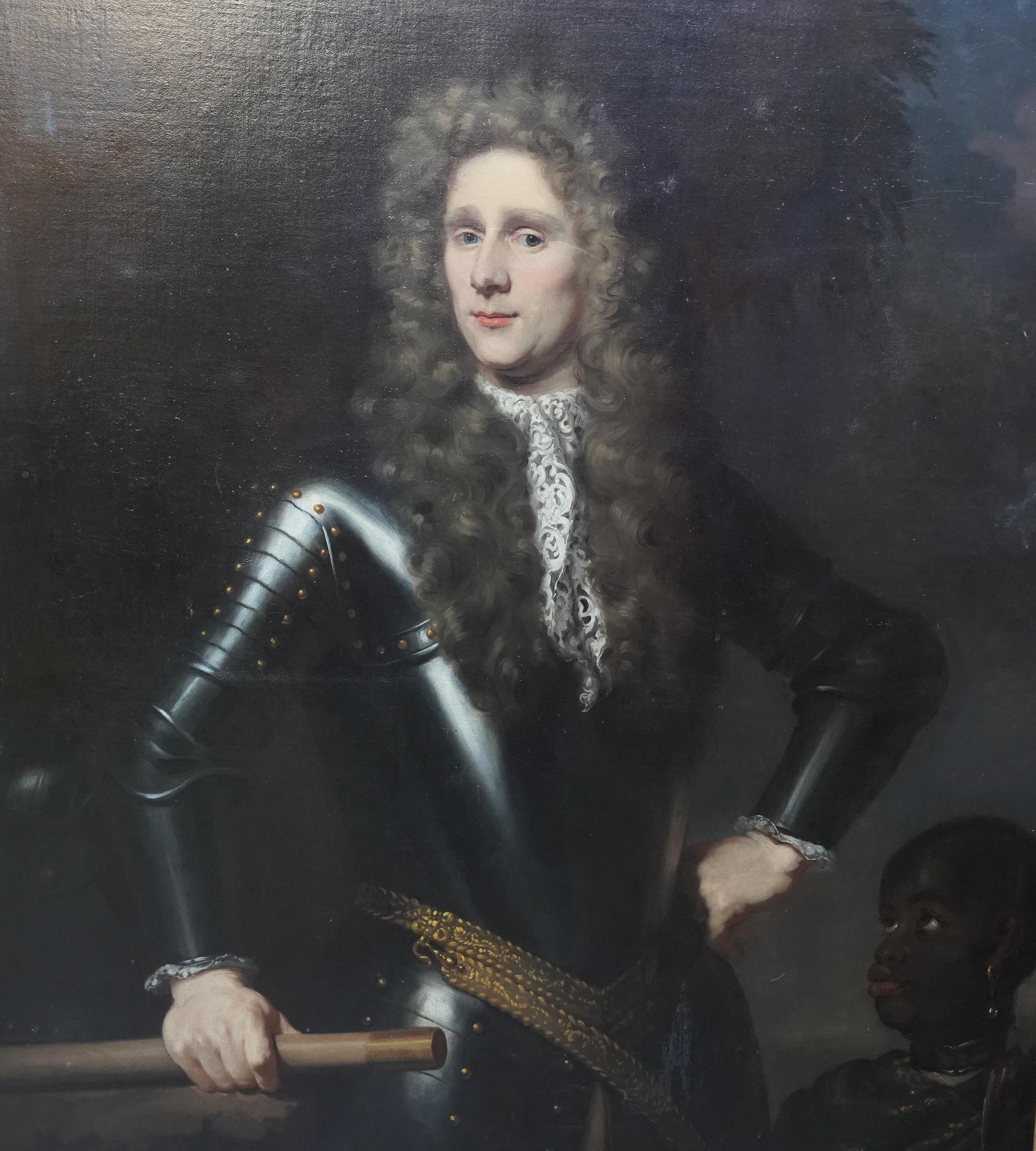 Portrait of Colonel Rupert Bridge in Armour with a Black Pageboy - Dutch 17thC - Old Masters Painting by Nicolaes Maes