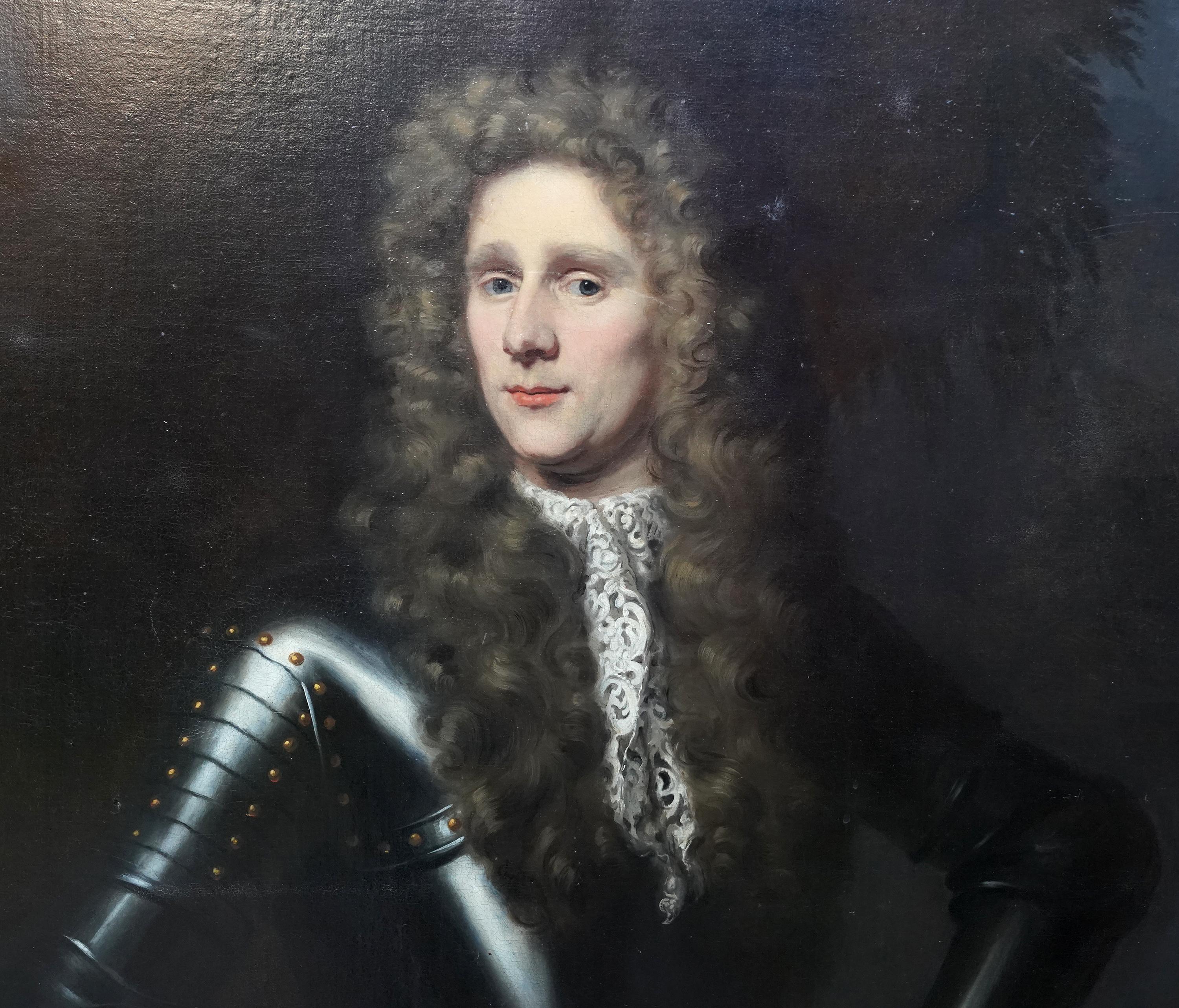 This large and impressive 17th century Dutch Old Master portrait oil painting with good provenance is by Nicolaes Maes. Painted circa 1680 it is a three-quarter length standing portrait of Colonel Rupert Bridge in black armour in a landscape with a