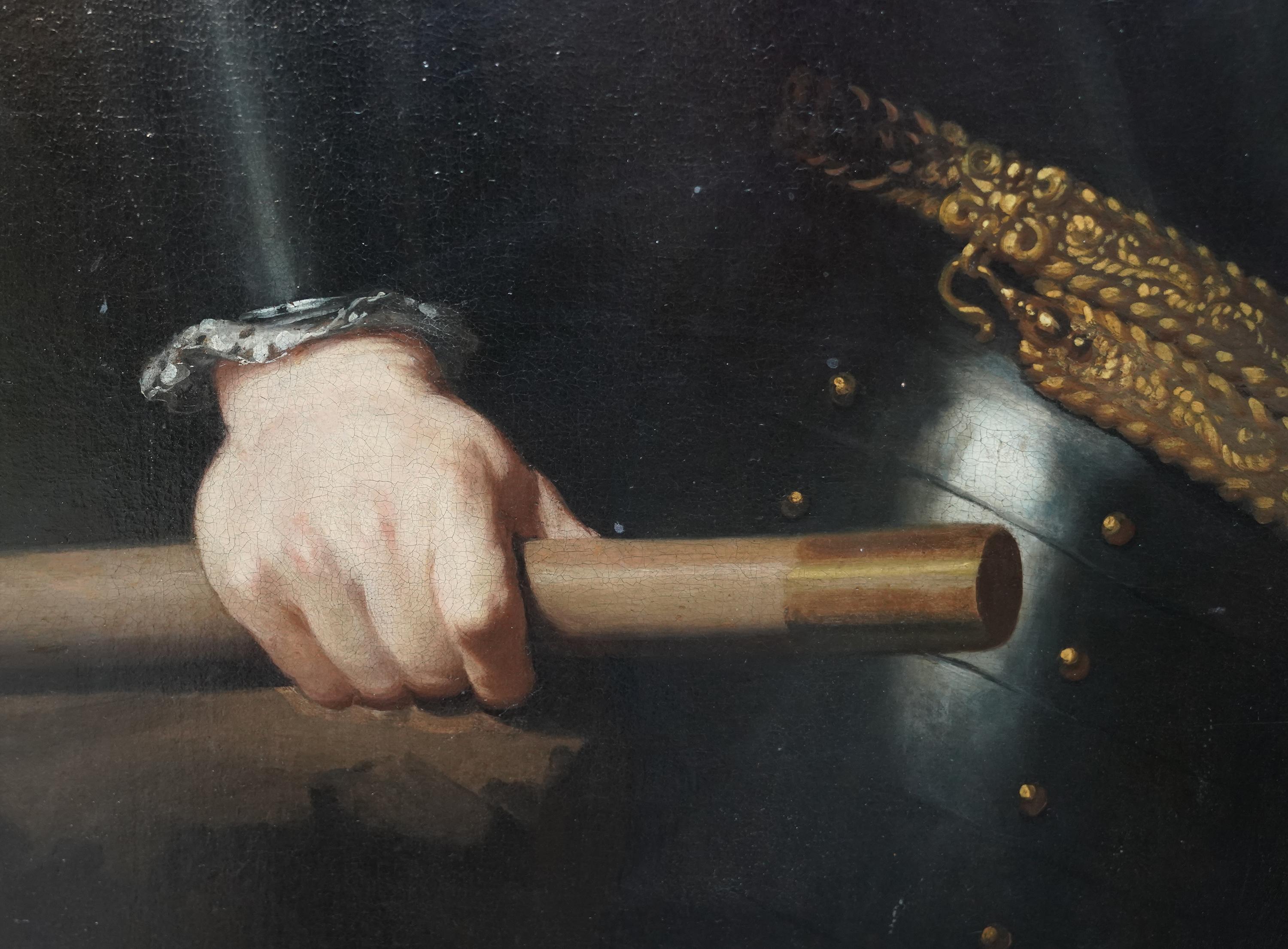 Portrait of Colonel Rupert Bridge in Armour with a Black Pageboy - Dutch 17thC For Sale 4