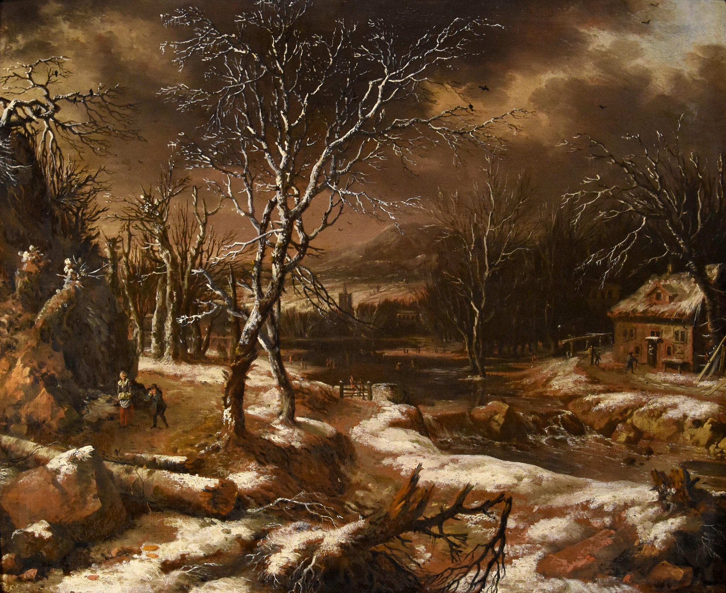 A Winter Landscape Molenaer Paint 17th Century Oil on canvas Old master Flemish - Maîtres anciens Painting par Nicolaes (or Claes) Molenaer (Haarlem c. 1630 - 1676)