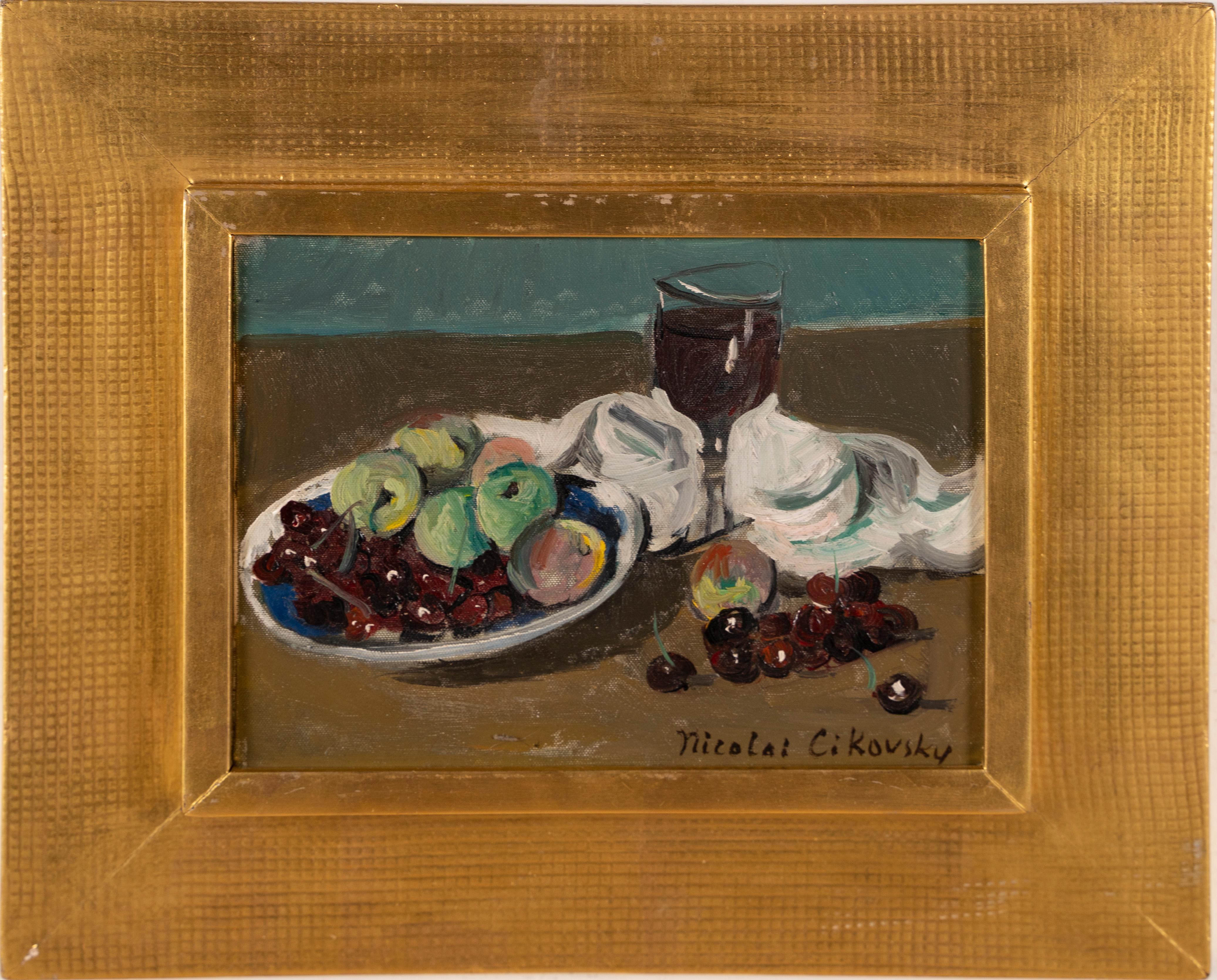 Antique American Modernist Framed Abstract Beach Fruit Still Life Oil Painting - Brown Still-Life Painting by Nicolai Cikovsky