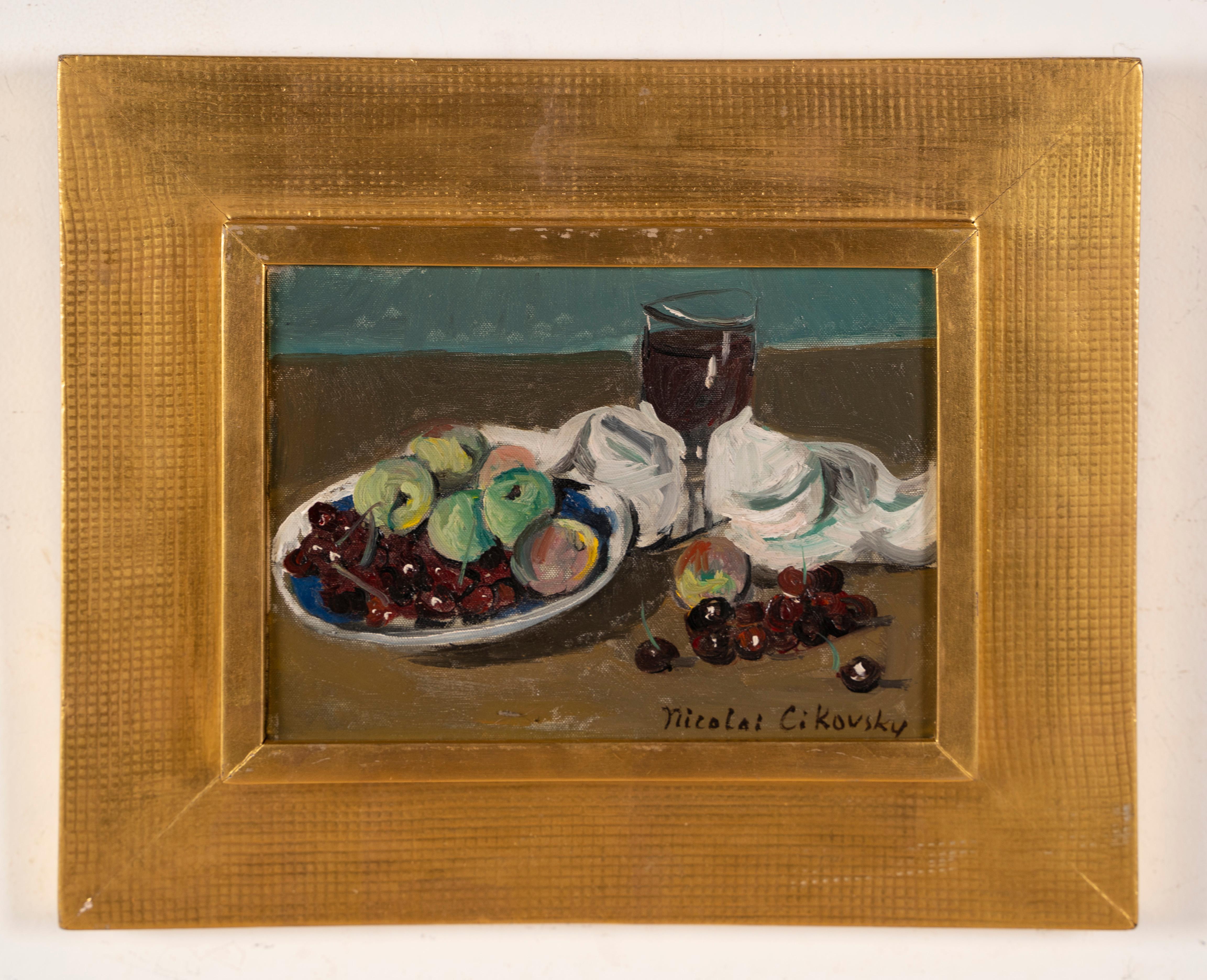 Nicolai Cikovsky Still-Life Painting - Antique American Modernist Framed Abstract Beach Fruit Still Life Oil Painting
