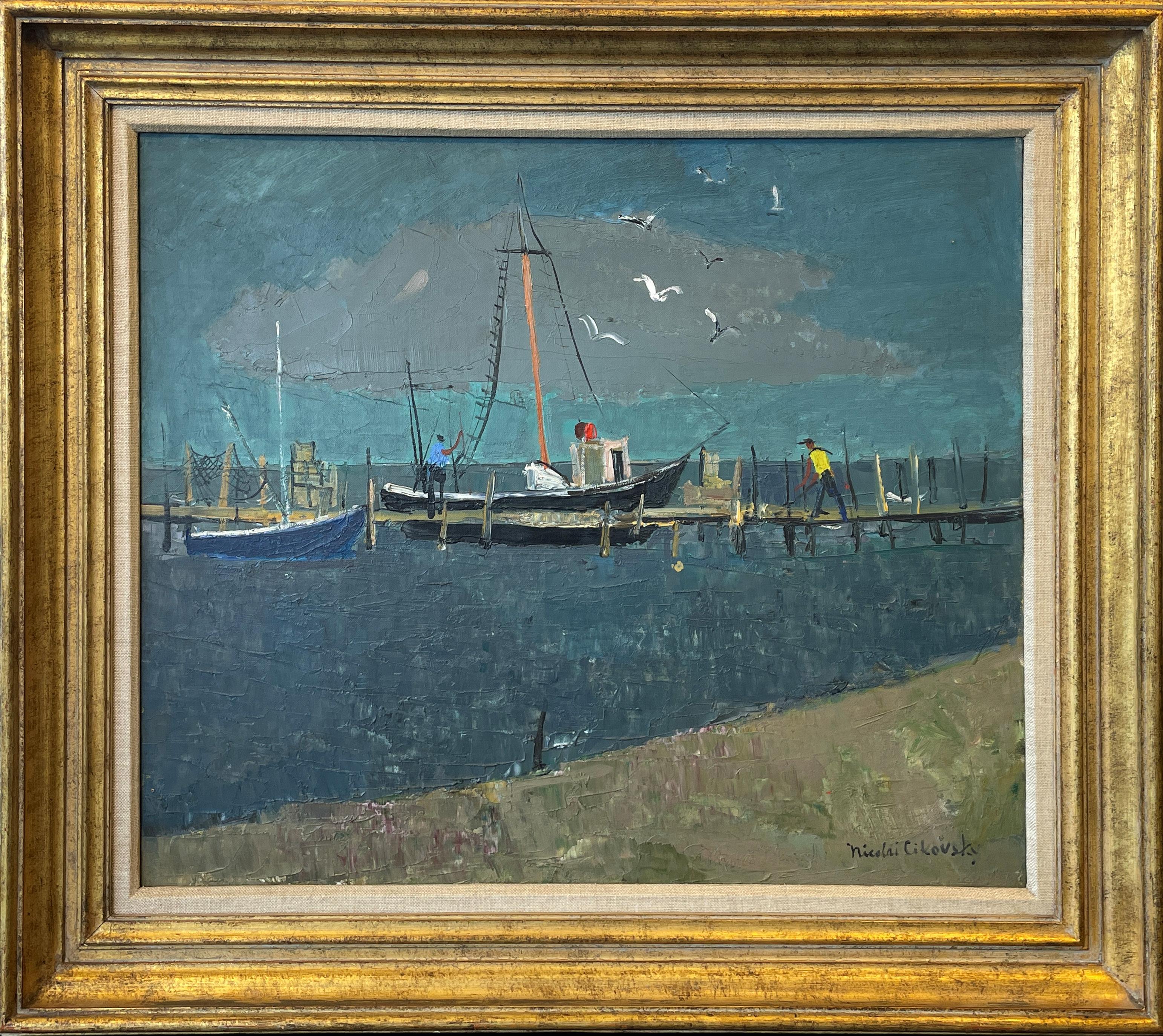 « Bateaux au chantier naval, Montauk » Nicolai Cikovsky, pêche de Long Island en vente 1