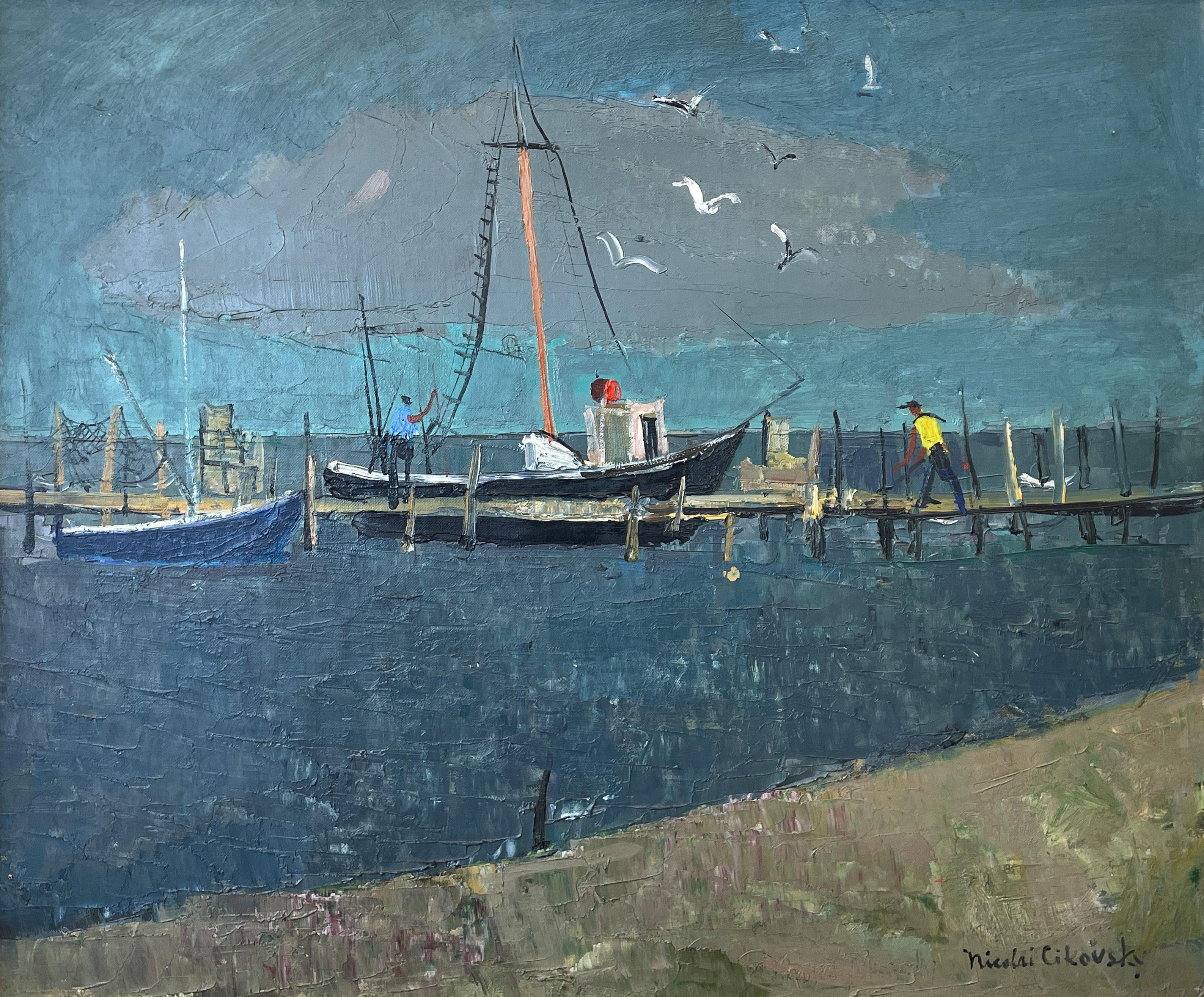 Nicolai Cikovsky
Boats at Dock, Montauk
Signed lower right
Oil on canvasboard
20 x 24 inches

The well known and highly regarded landscape and figure painter Nicolai S. Cikovsky was born in Russia in 1894.  He studied at the Vilna Art School,