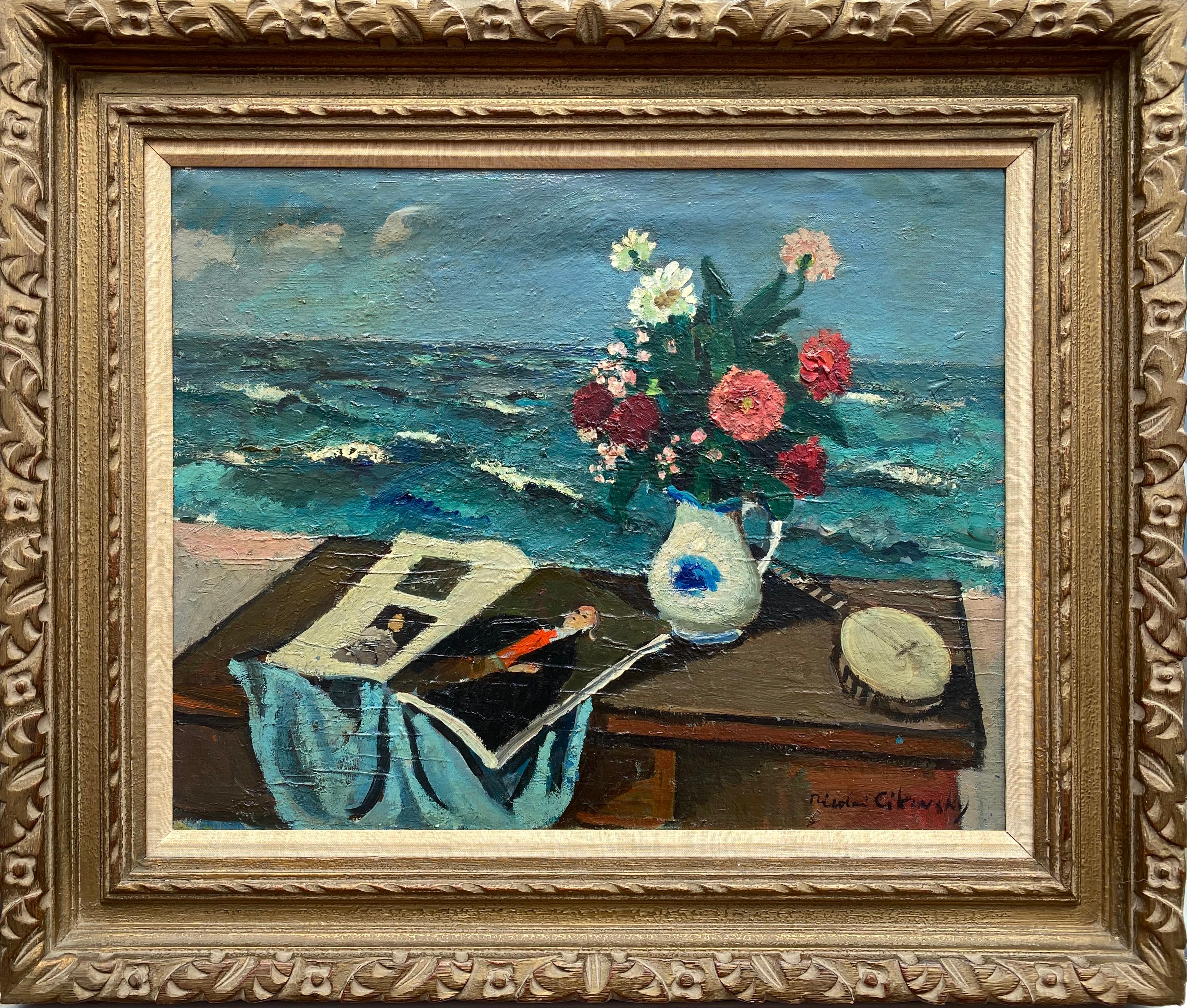 Blumenstrauß am Meer – Painting von Nicolai Cikovsky