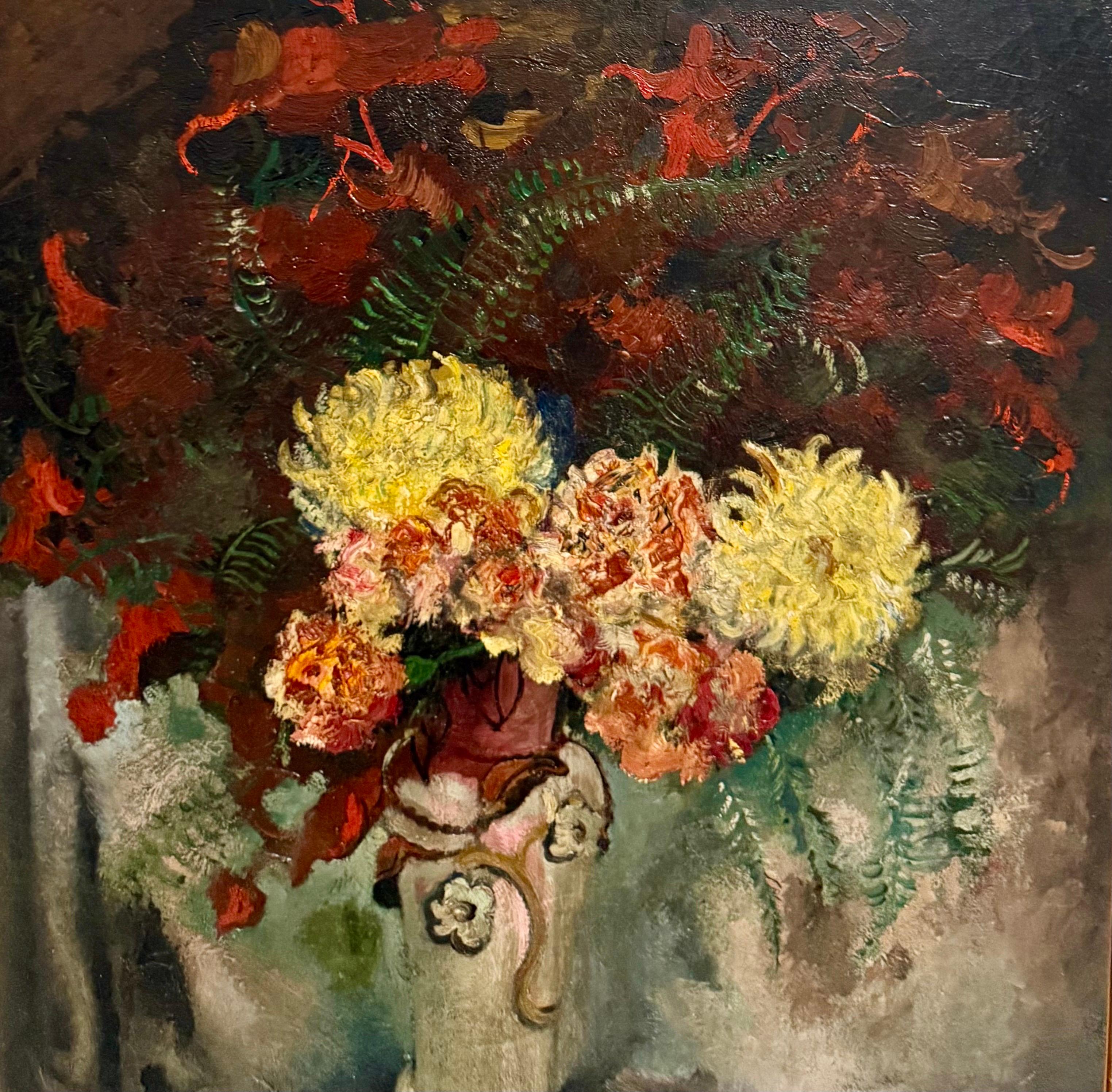 Grande peinture à l'huile moderniste  Fleurs sauvages dans un vase Artiste WPA Nicolai Cikovsky en vente 9