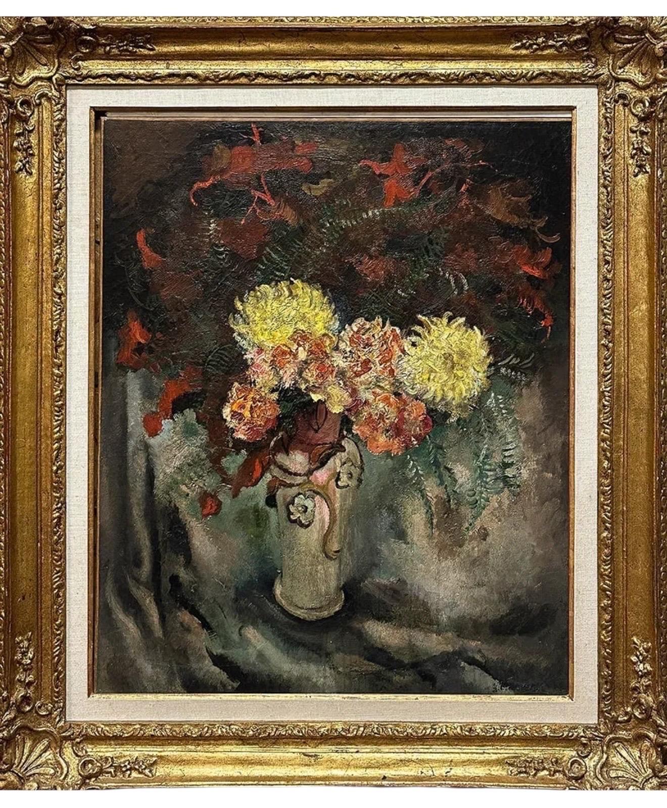 Grande peinture à l'huile moderniste  Fleurs sauvages dans un vase Artiste WPA Nicolai Cikovsky en vente 11
