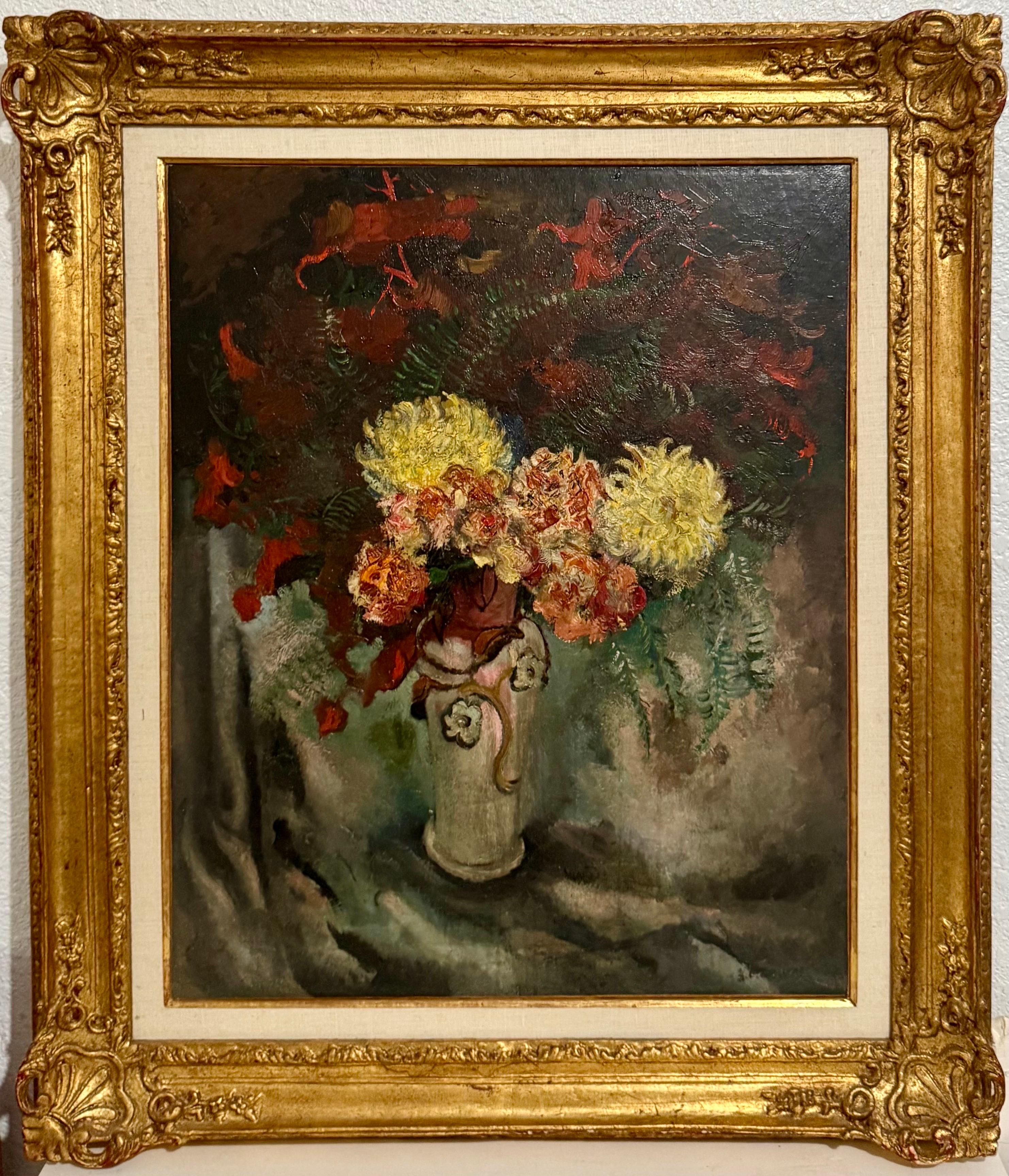 Grande peinture à l'huile moderniste  Fleurs sauvages dans un vase Artiste WPA Nicolai Cikovsky en vente 13