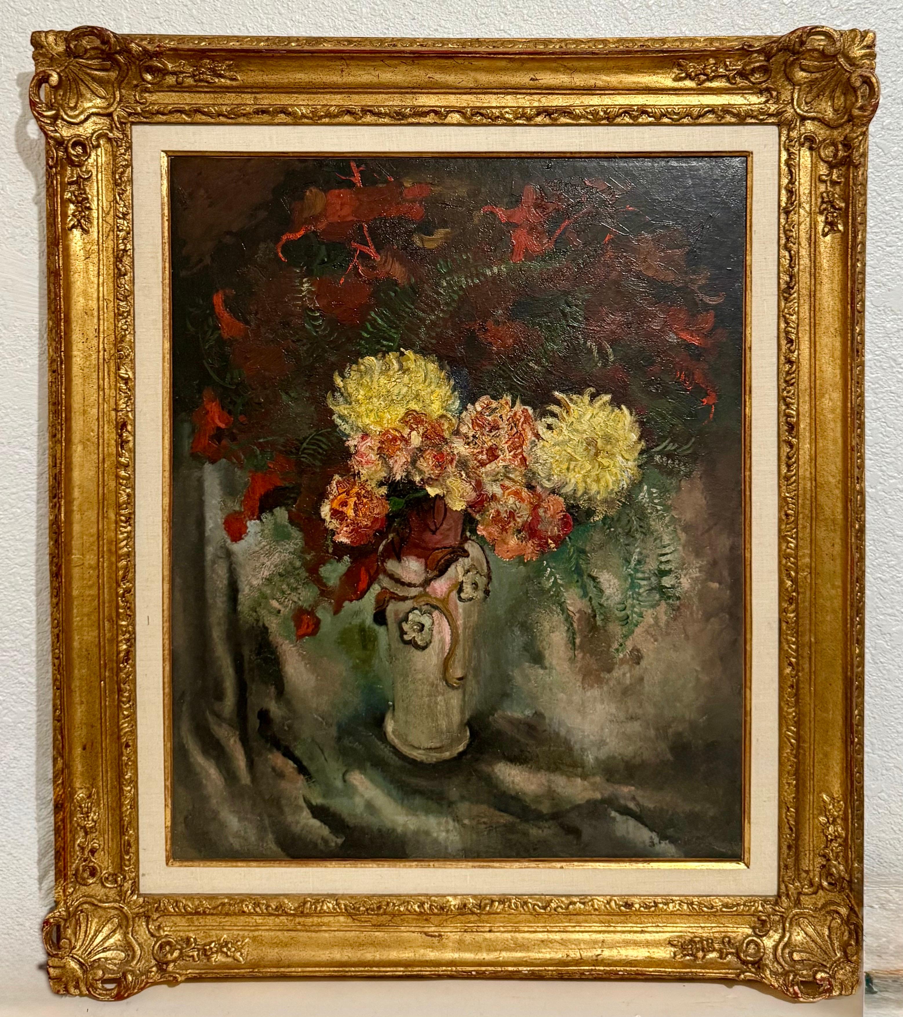Grande peinture à l'huile moderniste  Fleurs sauvages dans un vase Artiste WPA Nicolai Cikovsky en vente 14