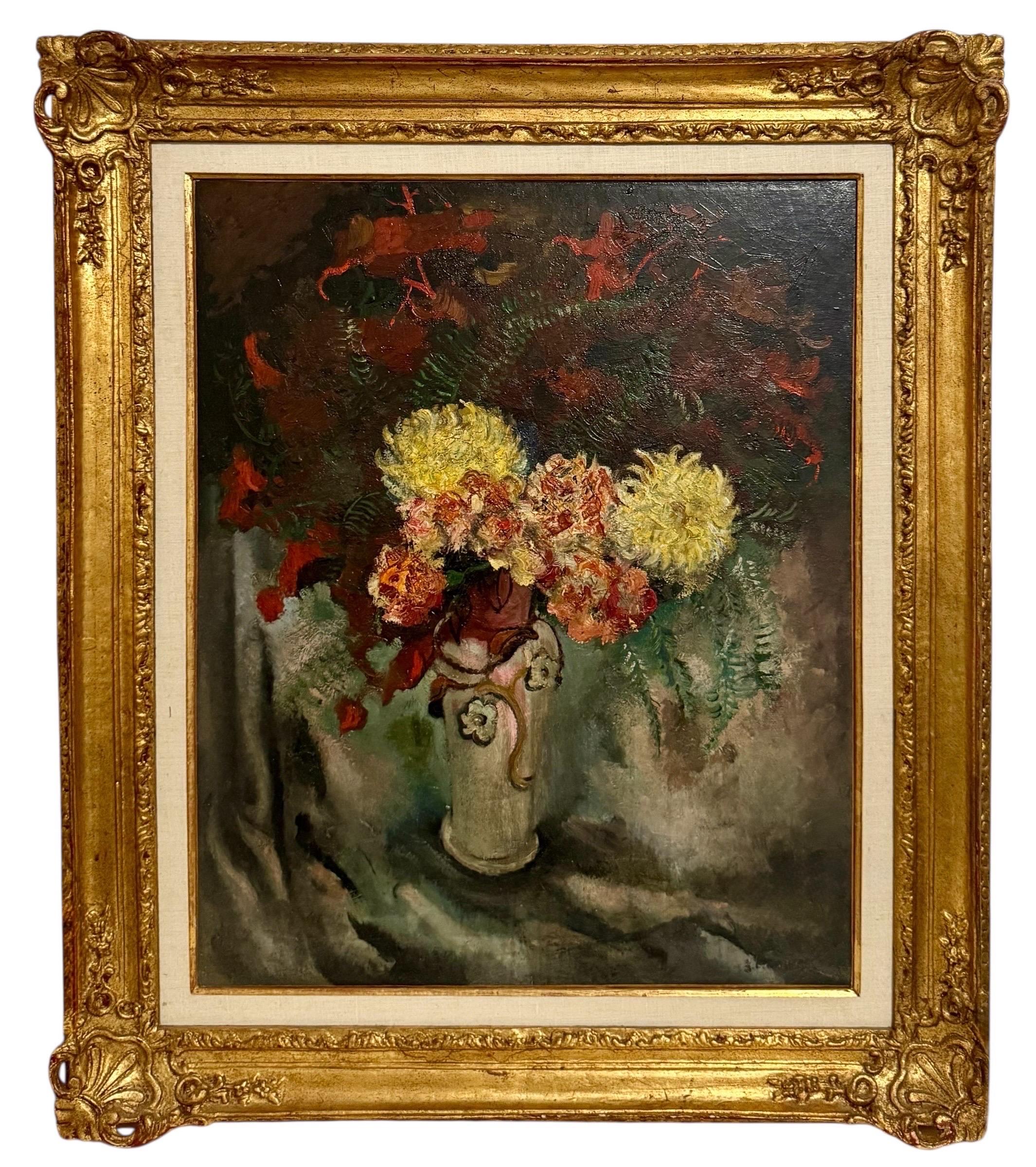 Grande peinture à l'huile moderniste  Fleurs sauvages dans un vase Artiste WPA Nicolai Cikovsky en vente 1